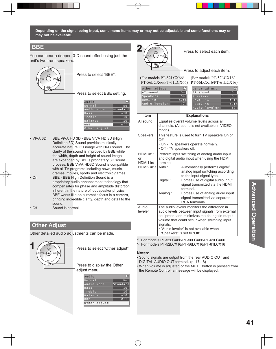 Advanced op er a tion, Other adjust | Panasonic PT-56LCX16 User Manual | Page 41 / 80