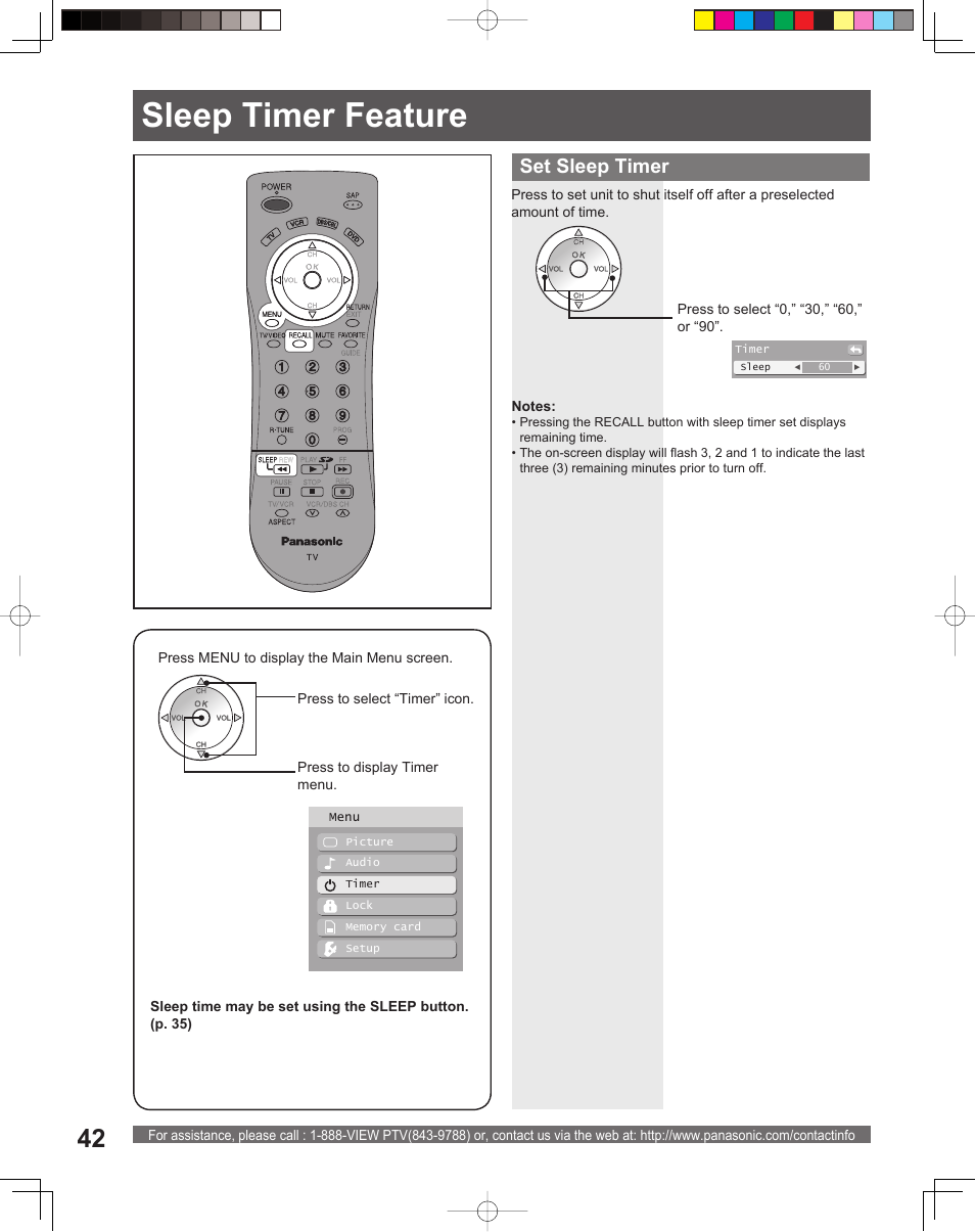 Sleep timer feature, Set sleep timer | Panasonic PT-56LCX16 User Manual | Page 42 / 80