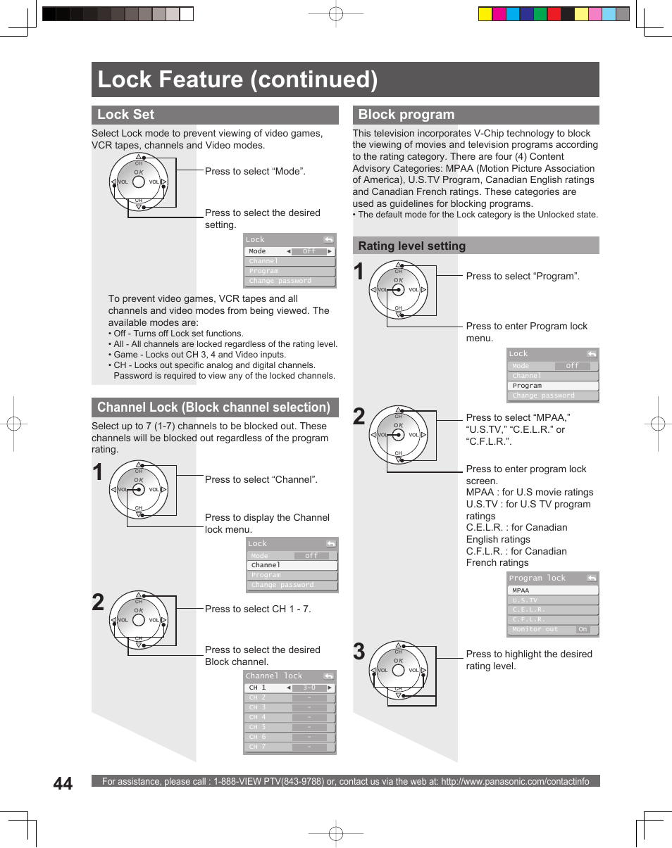 Lock set, Channel lock (block channel selection), Block program | Panasonic PT-56LCX16 User Manual | Page 44 / 80