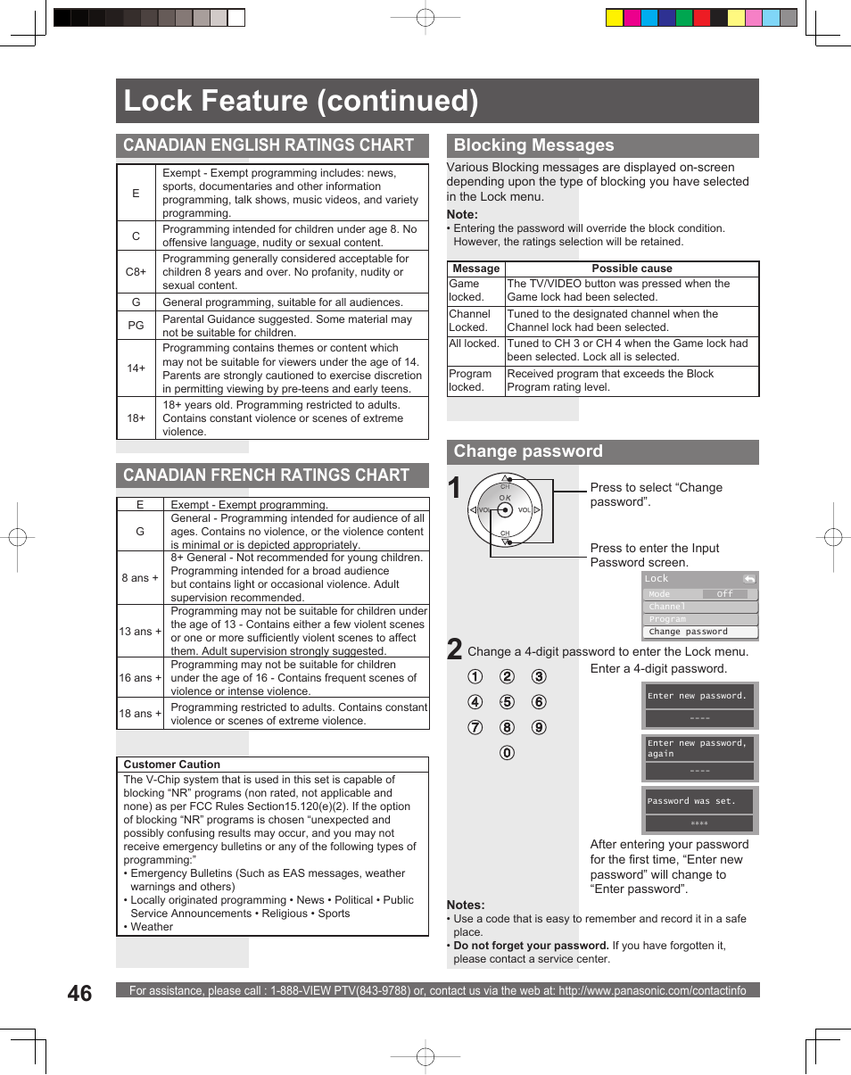 12 lock feature (continued), Canadian english ratings chart, Blocking messages | Change password, Canadian french ratings chart | Panasonic PT-56LCX16 User Manual | Page 46 / 80