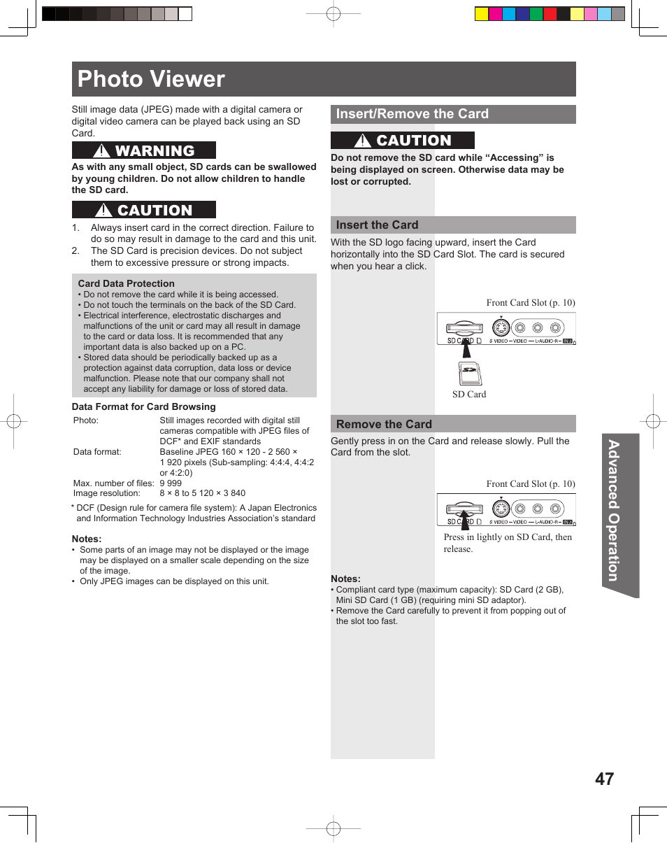 Photo viewer, Advanced op er a tion, Caution warning caution | Insert/remove the card | Panasonic PT-56LCX16 User Manual | Page 47 / 80