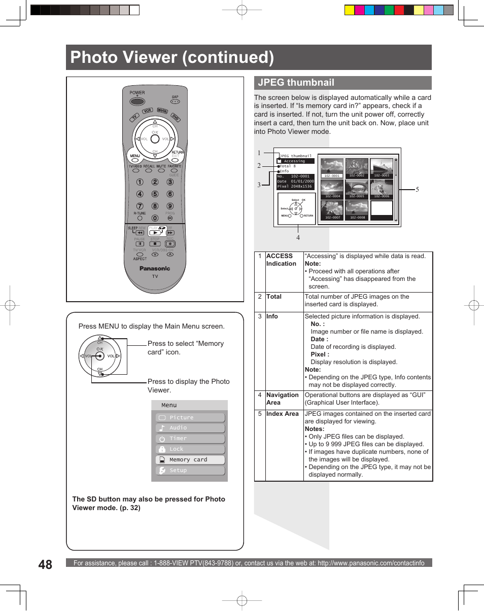 Photo viewer (continued), Jpeg thumbnail | Panasonic PT-56LCX16 User Manual | Page 48 / 80