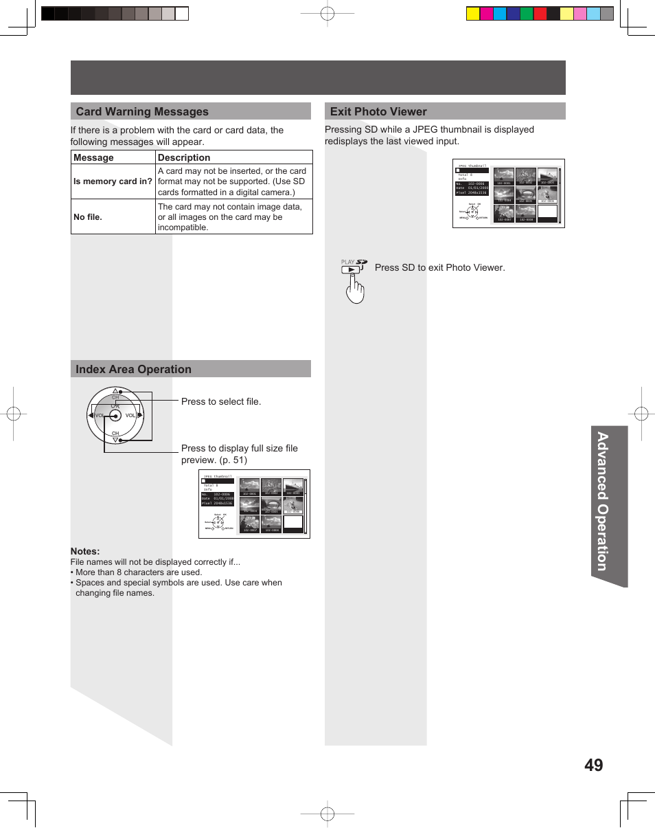 Advanced op er a tion, Exit photo viewer index area operation, Card warning messages | Message description | Panasonic PT-56LCX16 User Manual | Page 49 / 80