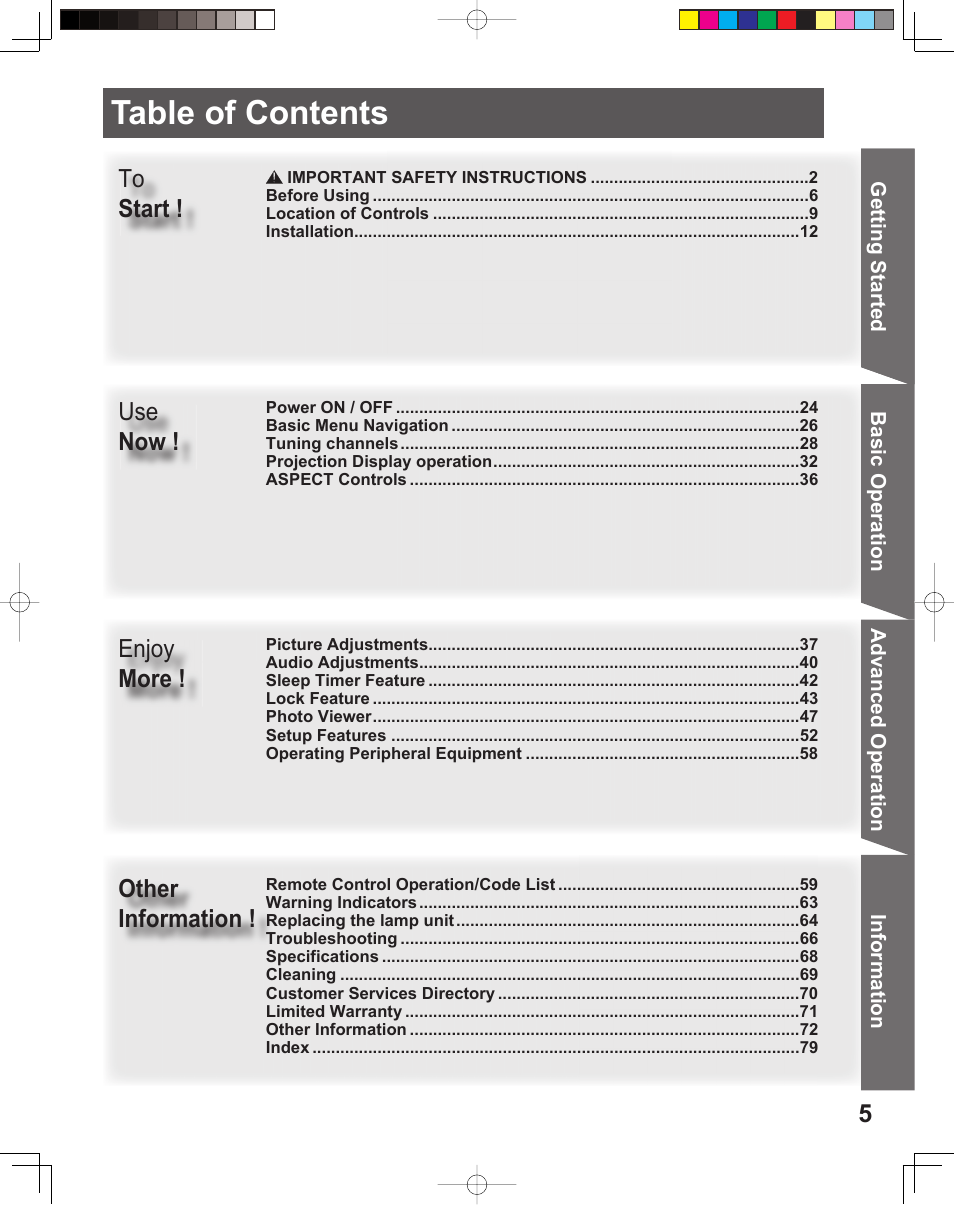 Panasonic PT-56LCX16 User Manual | Page 5 / 80