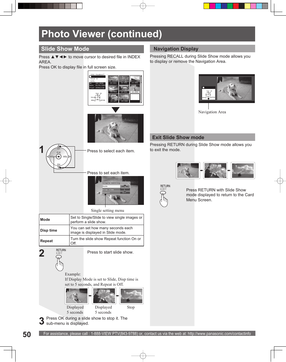Photo viewer (continued), Slide show mode, Exit slide show mode navigation display | Panasonic PT-56LCX16 User Manual | Page 50 / 80