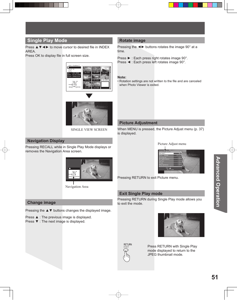 Advanced op er a tion, Single play mode, Picture adjustment | Exit single play mode change image rotate image, Navigation display, Navigation area | Panasonic PT-56LCX16 User Manual | Page 51 / 80