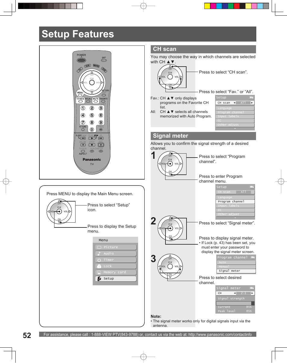 Setup features, 21 setup features, Signal meter | Ch scan | Panasonic PT-56LCX16 User Manual | Page 52 / 80