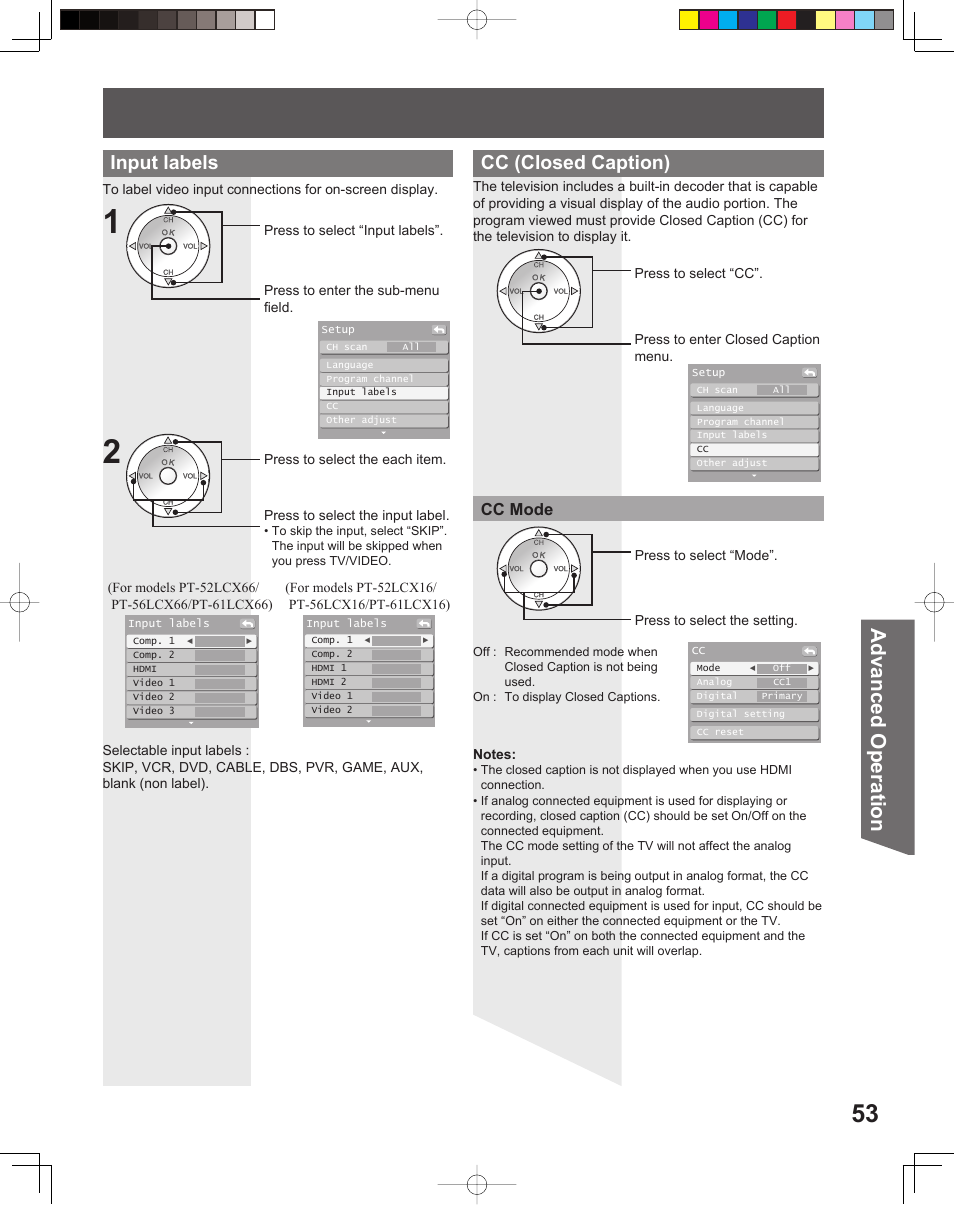 Advanced op er a tion, Input labels, Cc (closed caption) | Cc mode | Panasonic PT-56LCX16 User Manual | Page 53 / 80