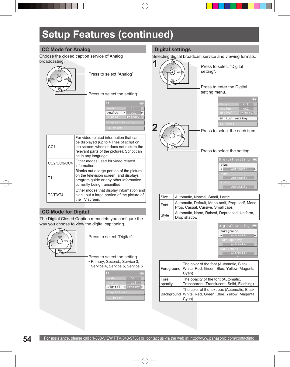 Setup features (continued), Cc mode for digital, Digital settings | Cc mode for analog | Panasonic PT-56LCX16 User Manual | Page 54 / 80