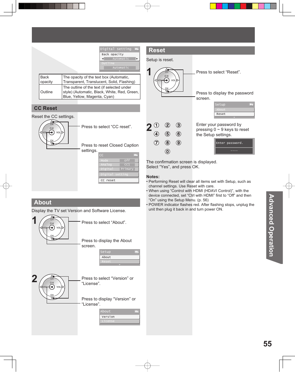 Advanced op er a tion, About, Reset | Panasonic PT-56LCX16 User Manual | Page 55 / 80