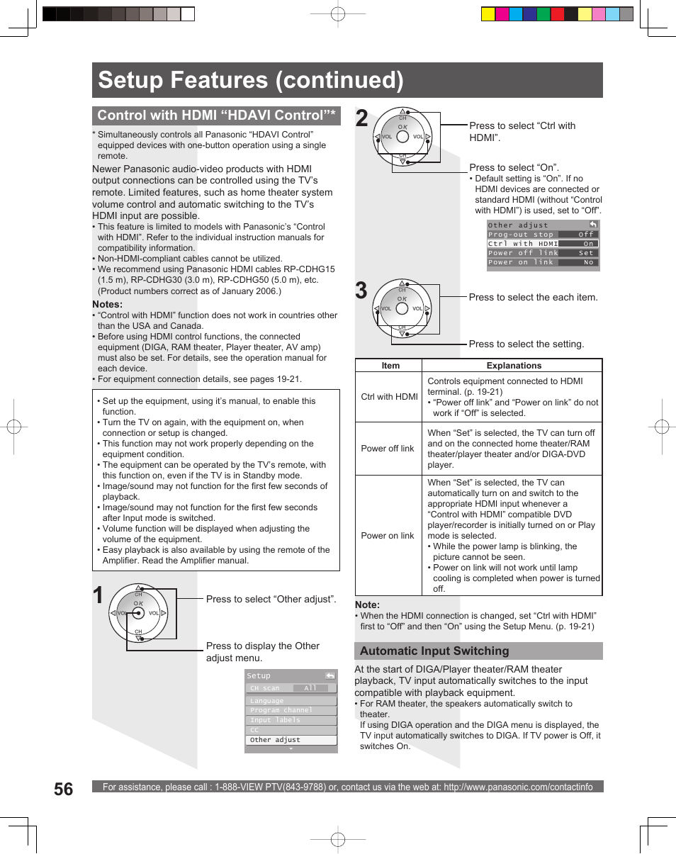 Setup features (continued), Control with hdmi “hdavi control | Panasonic PT-56LCX16 User Manual | Page 56 / 80