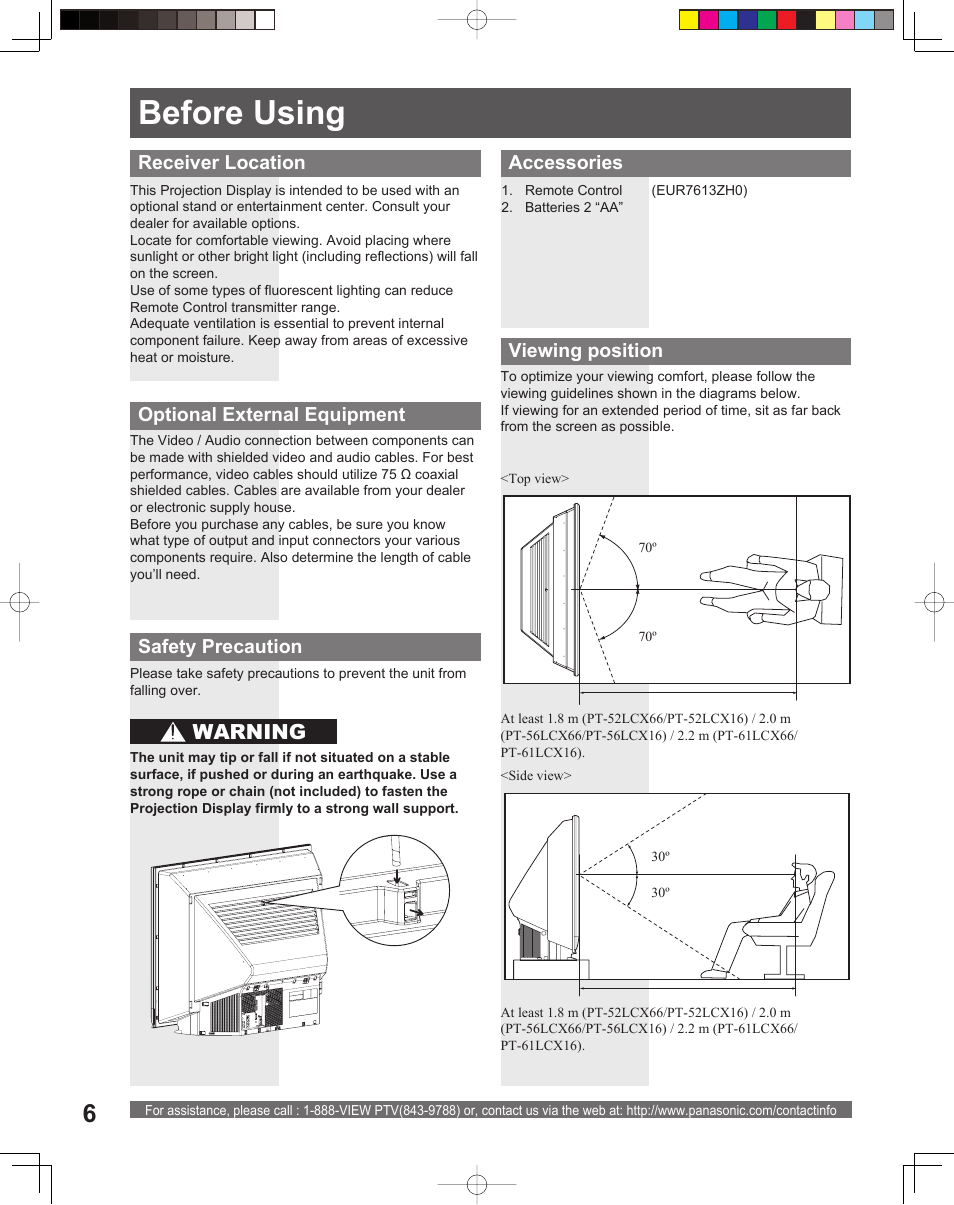 Before using, Warning | Panasonic PT-56LCX16 User Manual | Page 6 / 80