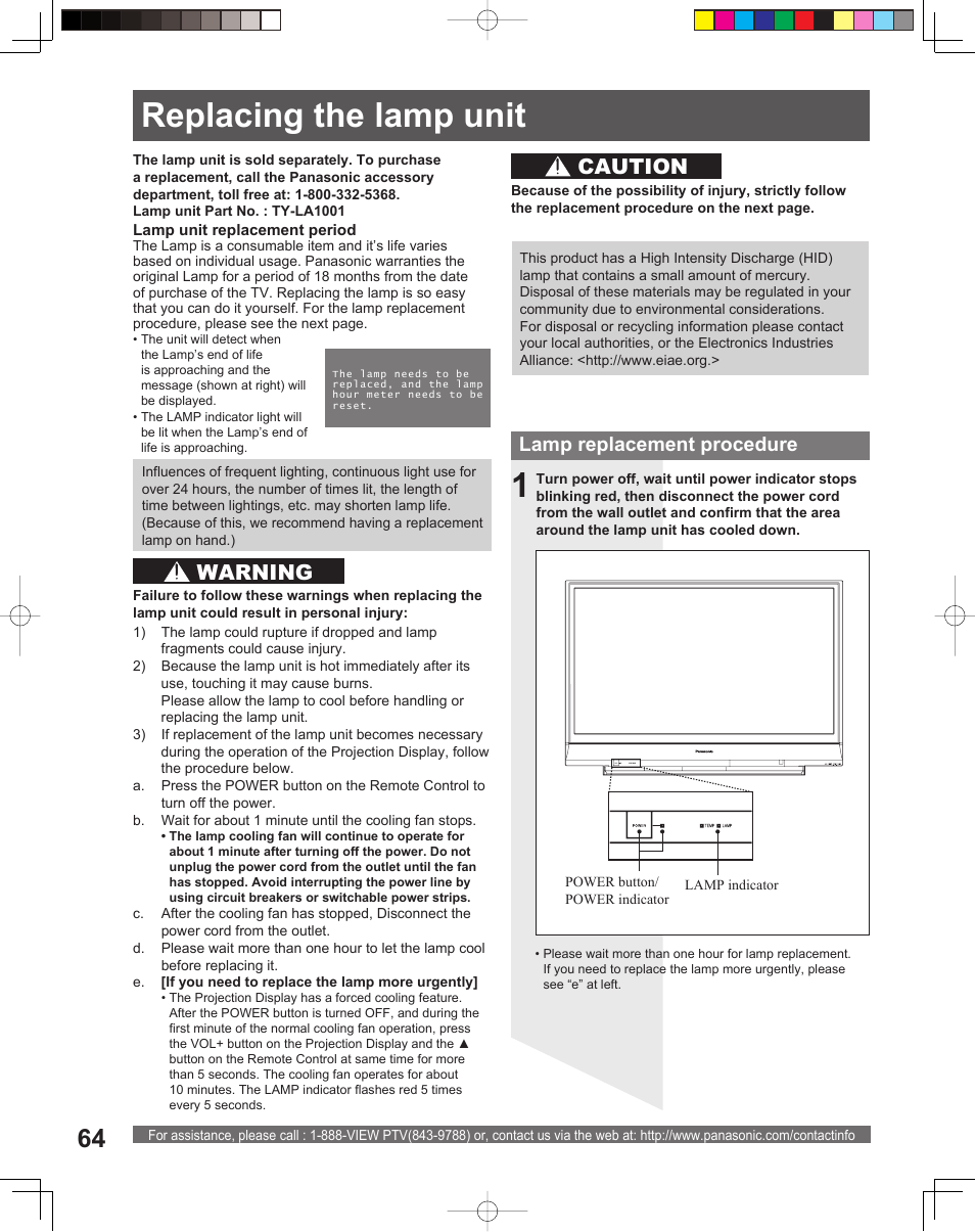 Replacing the lamp unit, Warning caution, Lamp replacement procedure | Panasonic PT-56LCX16 User Manual | Page 64 / 80