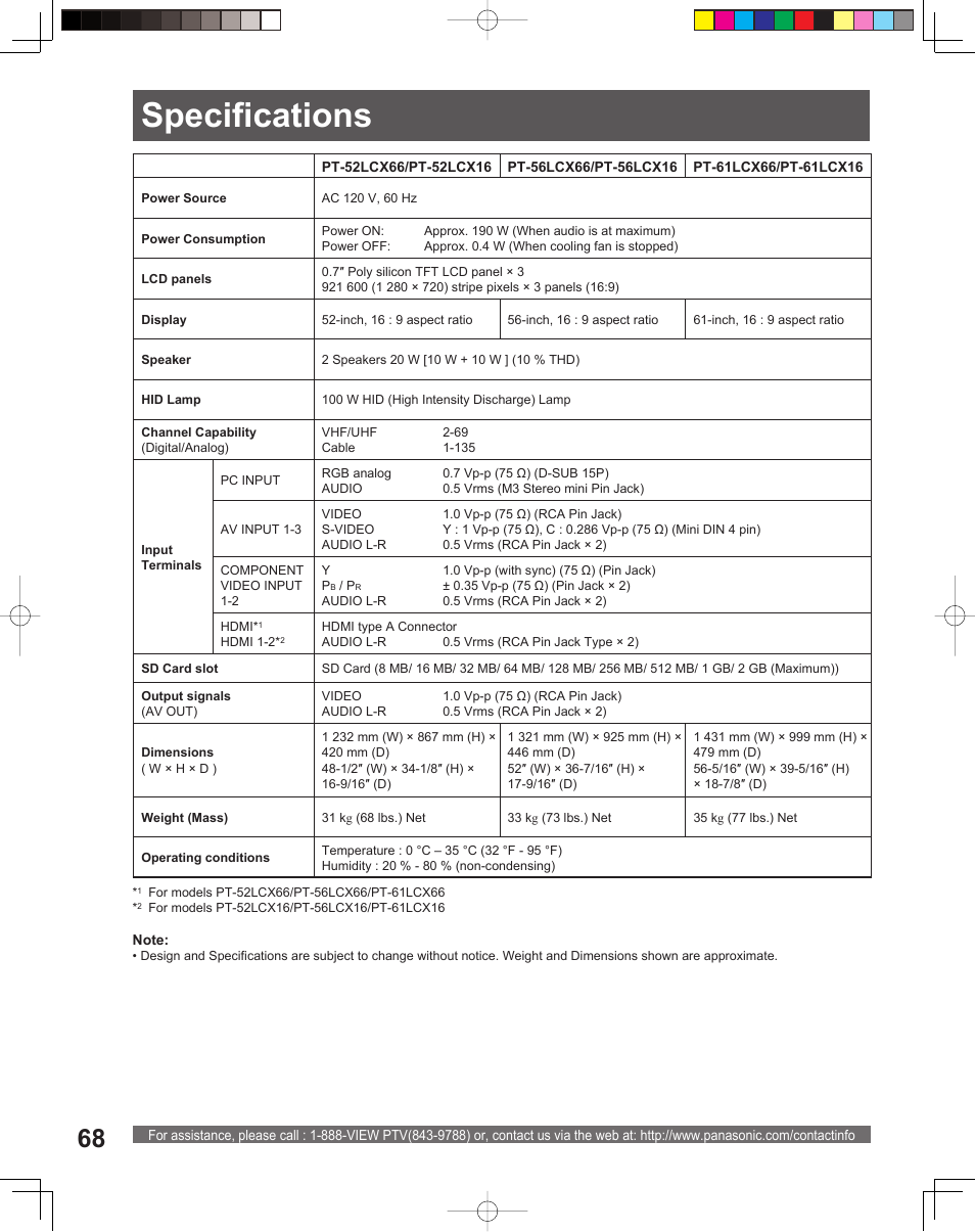 Specifications | Panasonic PT-56LCX16 User Manual | Page 68 / 80