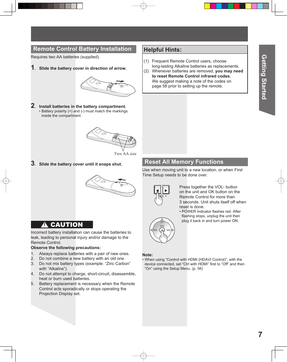 Getting start ed, Caution, Remote control battery installation | Helpful hints | Panasonic PT-56LCX16 User Manual | Page 7 / 80