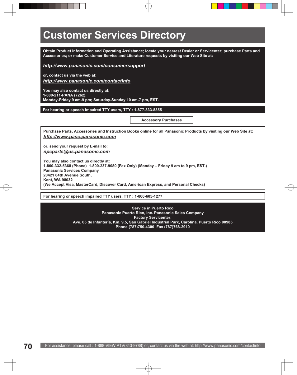 Custoomer services directory, Customer services directory | Panasonic PT-56LCX16 User Manual | Page 70 / 80