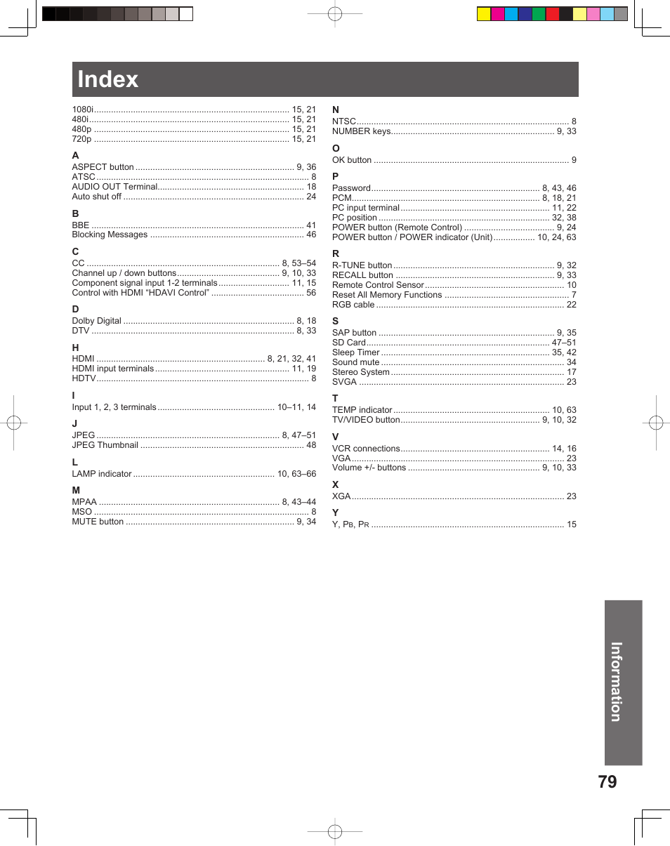 Index, Information | Panasonic PT-56LCX16 User Manual | Page 79 / 80