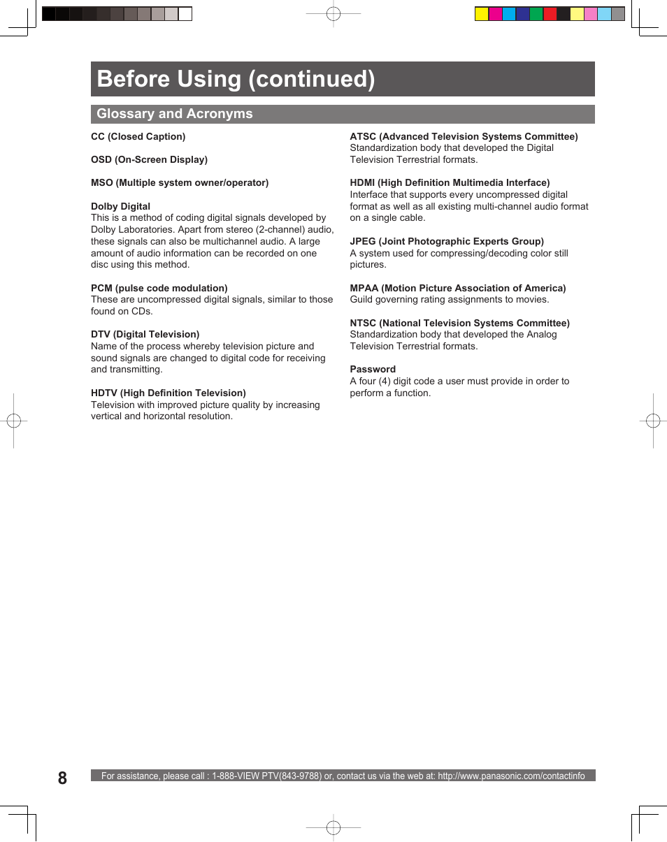 Before using (continued), Glossary and acronyms | Panasonic PT-56LCX16 User Manual | Page 8 / 80