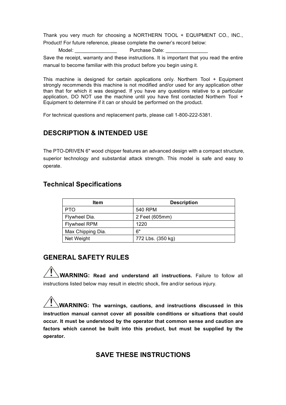 Description & intended use, Technical specifications, General safety rules | Save these instructions | Panasonic PTO 540 RPM User Manual | Page 2 / 12