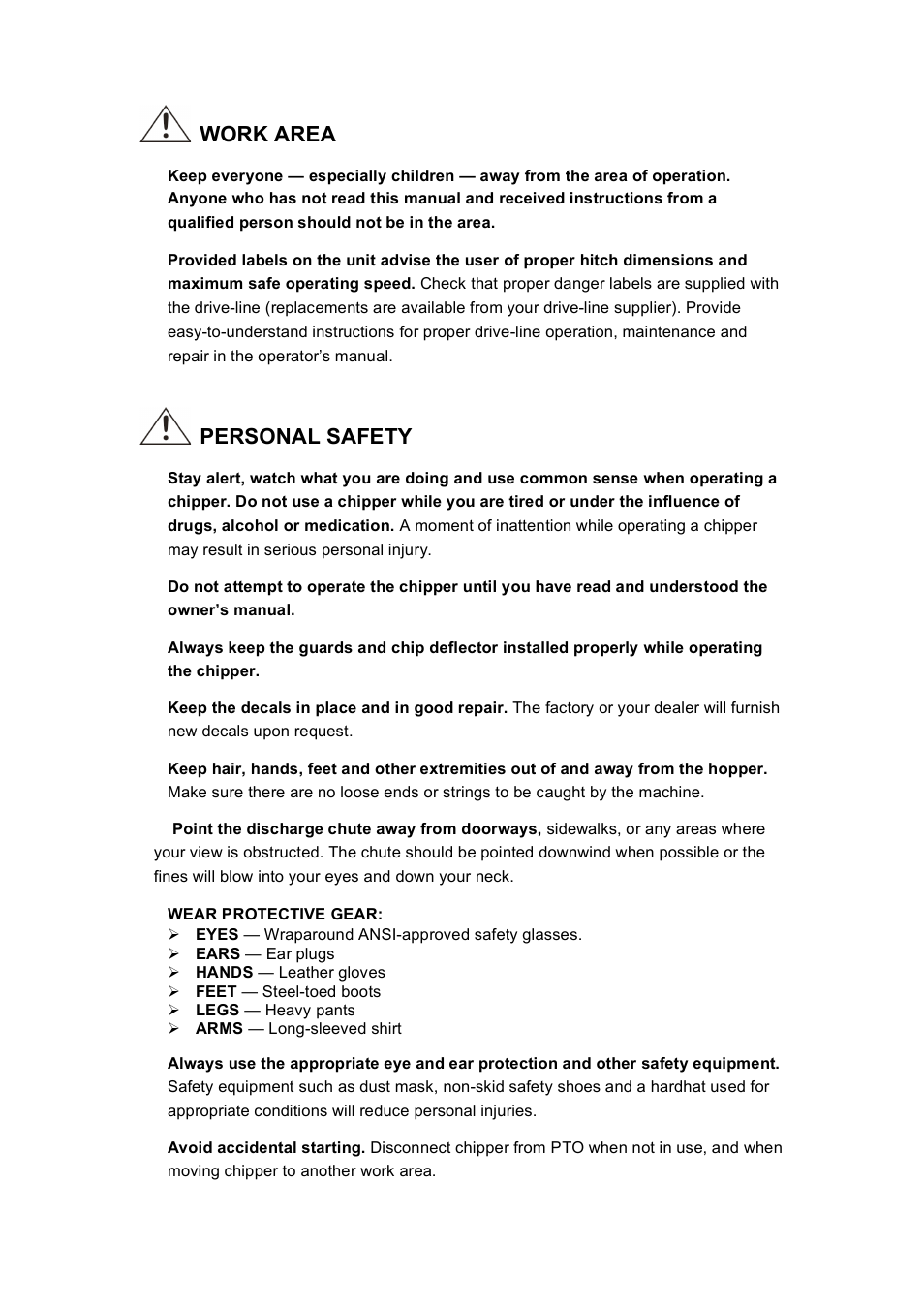 Work area, Personal safety | Panasonic PTO 540 RPM User Manual | Page 3 / 12