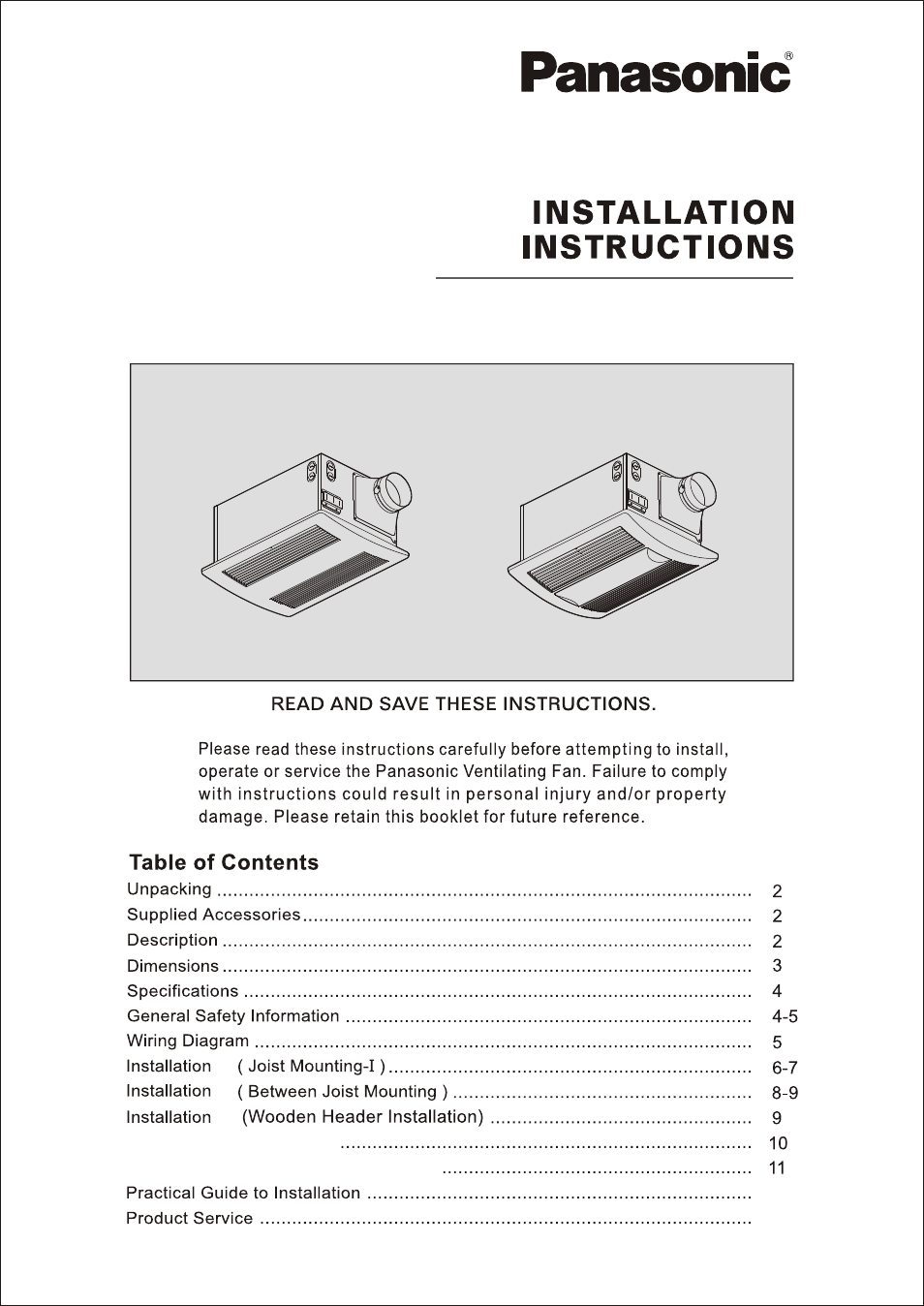 Panasonic FV-11VH2 User Manual | 12 pages
