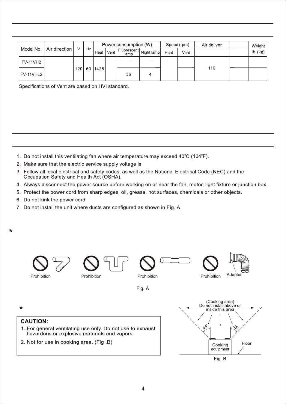 Т³гж 4, Specifications general safety information | Panasonic FV-11VH2 User Manual | Page 4 / 12