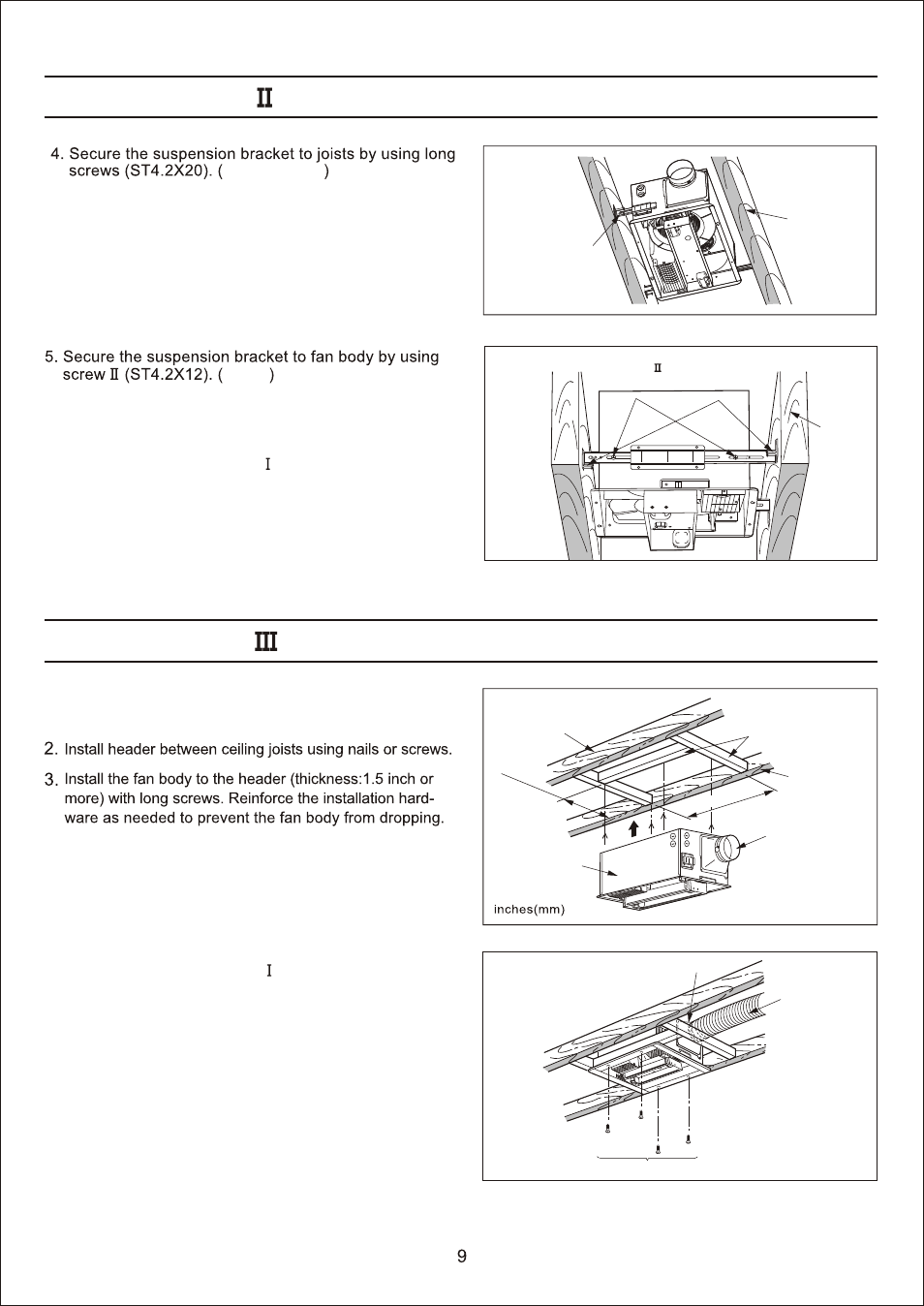 Т³гж 9, Installation (wooden header installation), Installation (between joist mounting) continued | Panasonic FV-11VH2 User Manual | Page 9 / 12