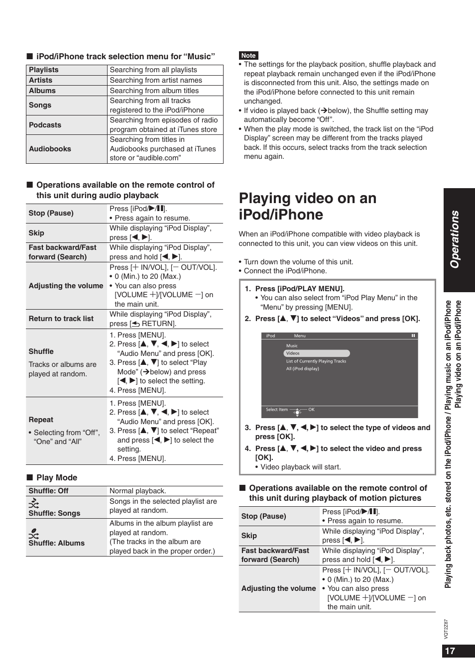 Playing video on an ipod/iphone, Operations | Panasonic MW-20 User Manual | Page 17 / 28
