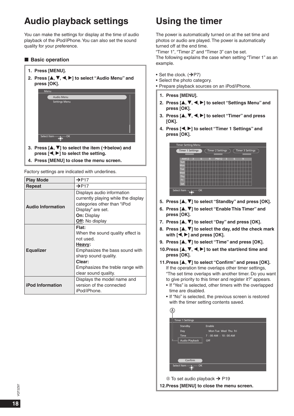 Audio playback settings, Using the timer, Basic operation | Panasonic MW-20 User Manual | Page 18 / 28