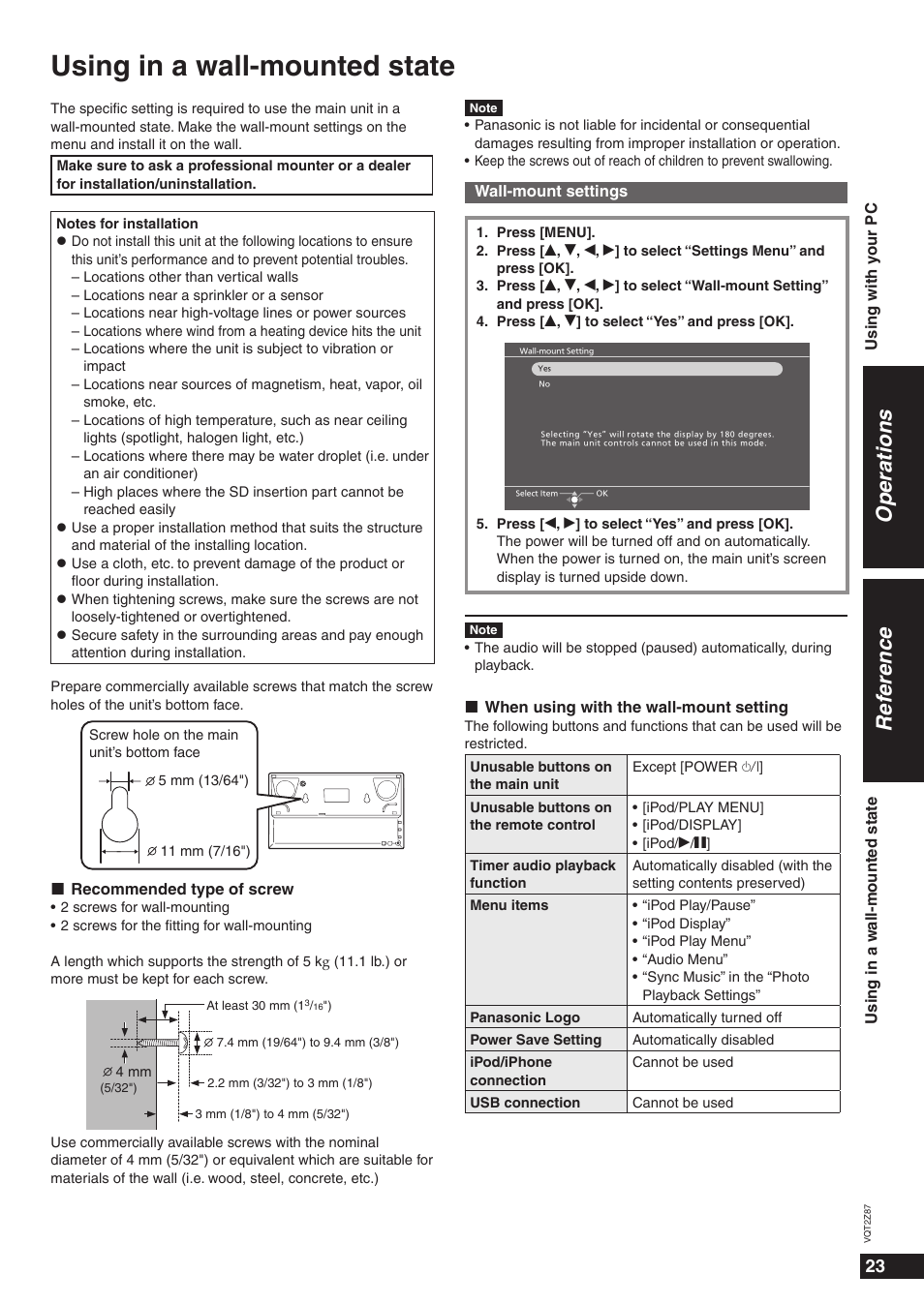 Using in a wall-mounted state, Ref erence operations | Panasonic MW-20 User Manual | Page 23 / 28