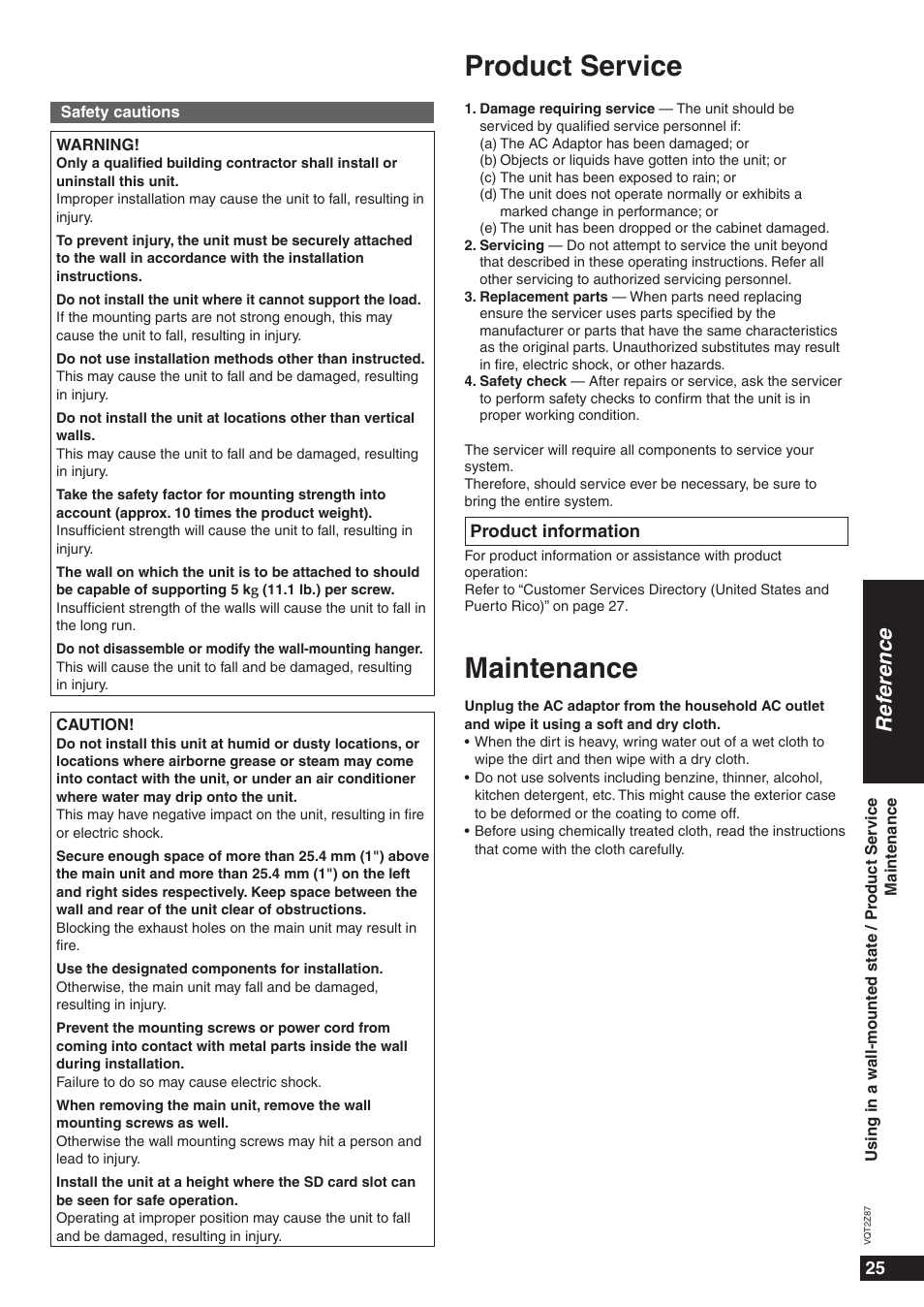 Product service, Maintenance, Ref erence | Panasonic MW-20 User Manual | Page 25 / 28