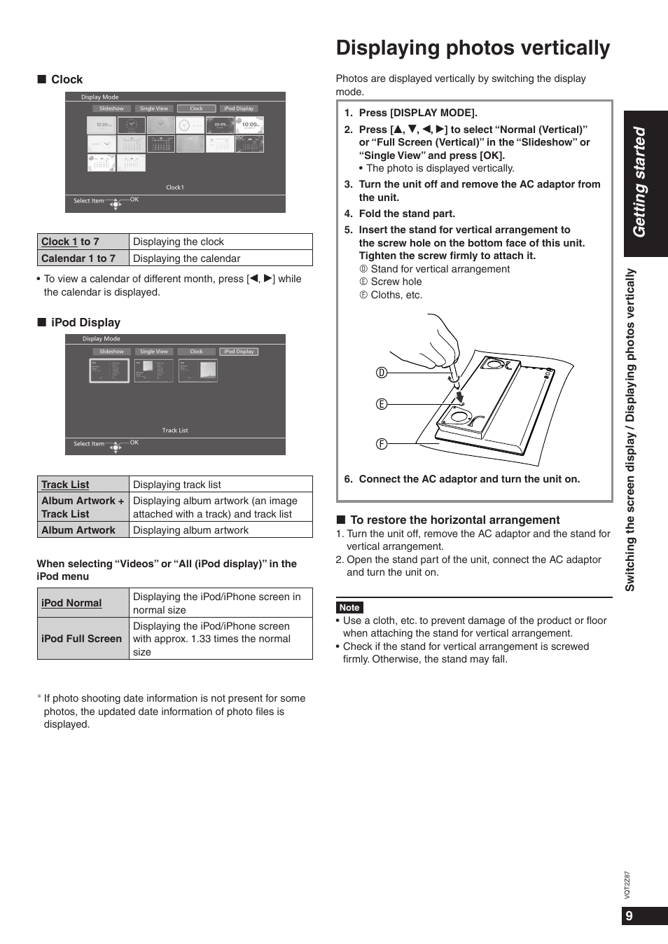 Displaying photos vertically, Getting star ted, De f | Panasonic MW-20 User Manual | Page 9 / 28