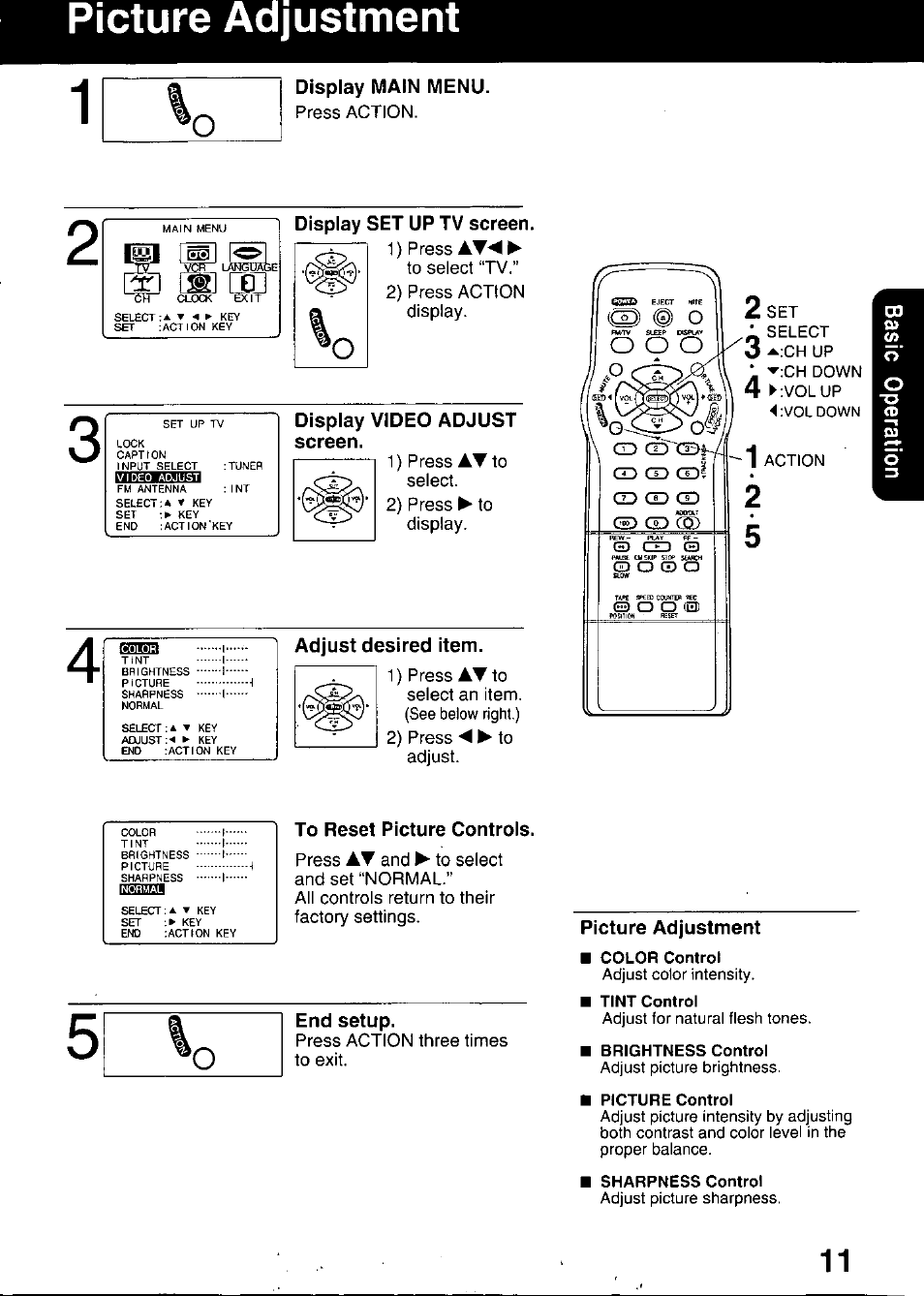 Display main menu, Display set up tv screen, Display video adjust screen | Adjust desired item, To reset picture controls, End setup, Picture adjustment | Panasonic PV C2020 User Manual | Page 11 / 52