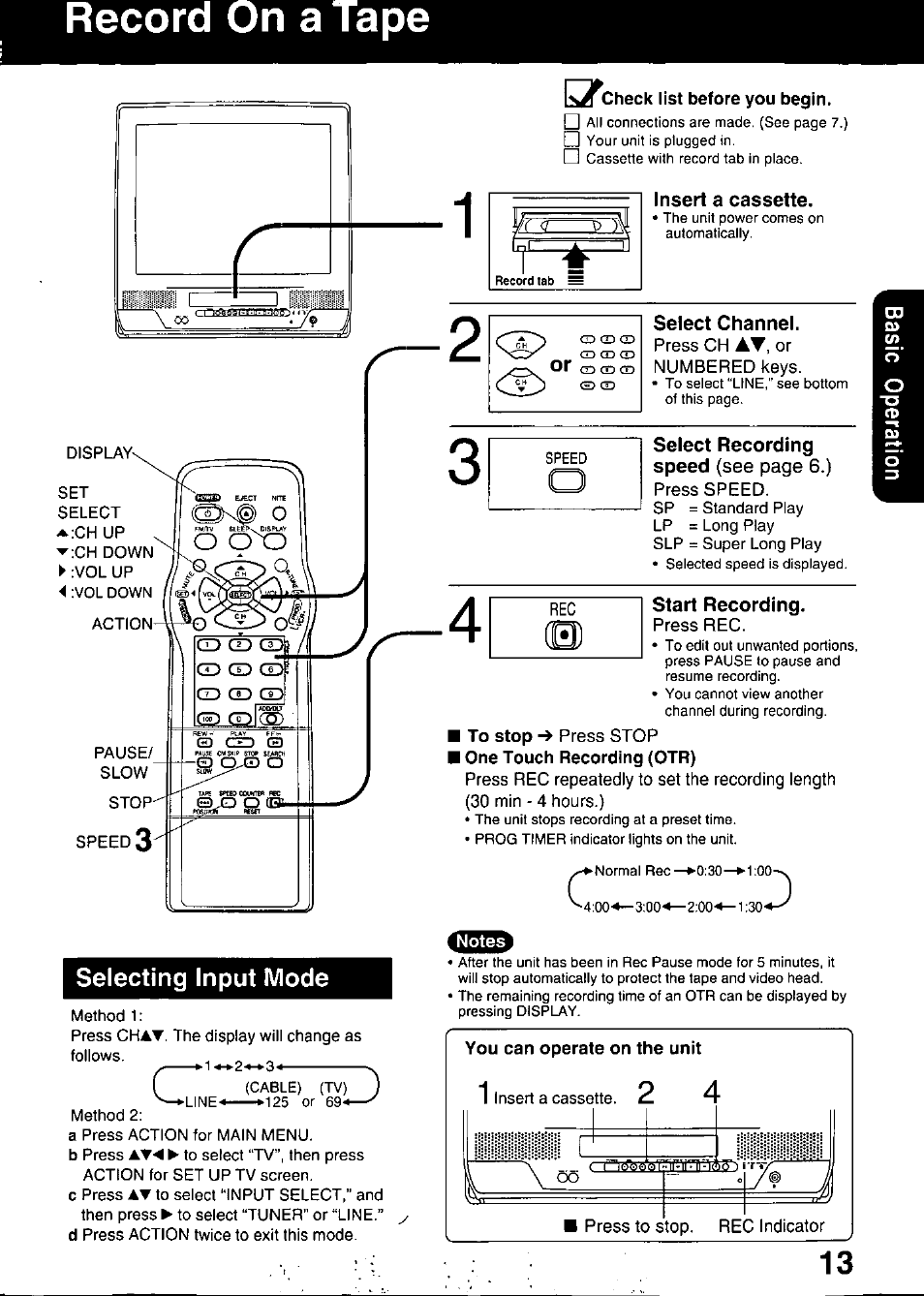 Selecting input mode, Start recording, Record on a tape | Panasonic PV C2020 User Manual | Page 13 / 52