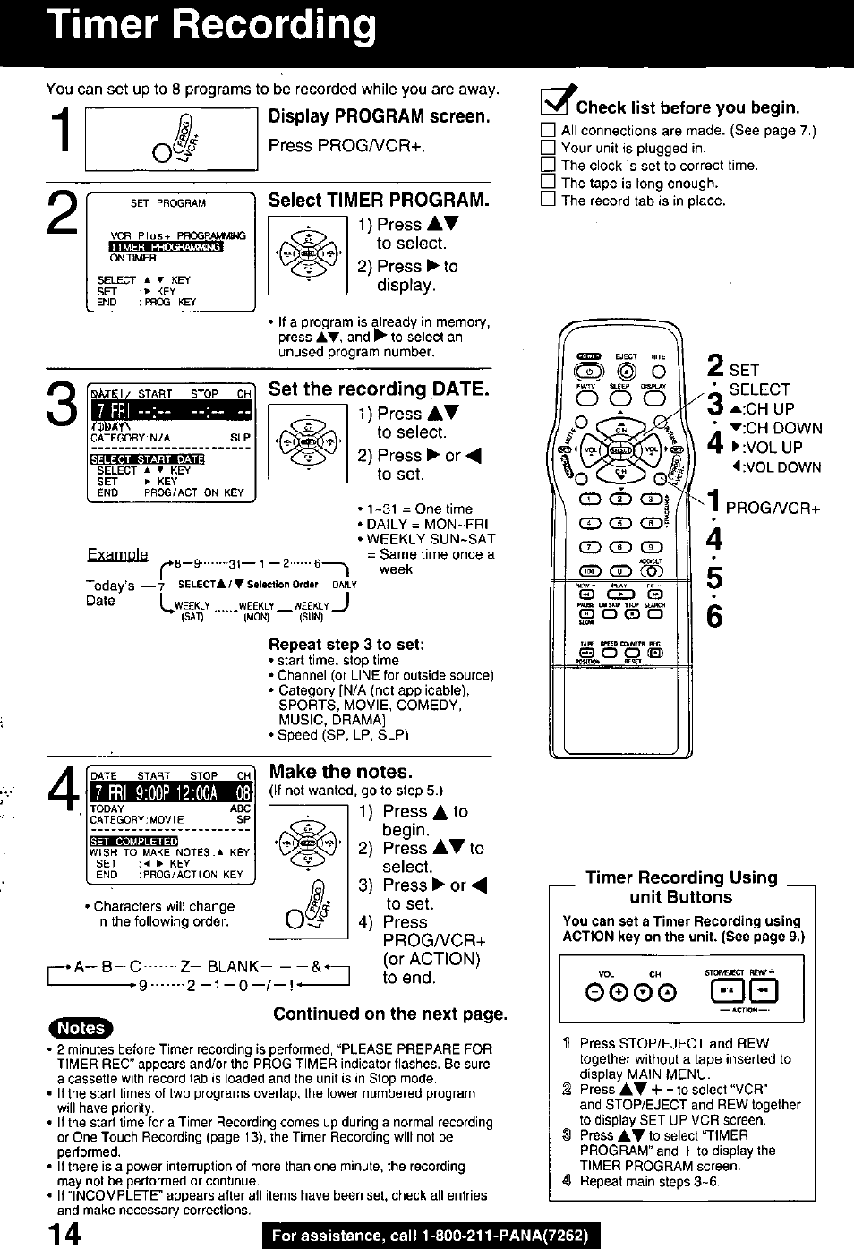 Q display program screen, Select timer program, Set the recording date | Make the notes, Timer recording using unit buttons, O0o0 (z]0, Timer recording | Panasonic PV C2020 User Manual | Page 14 / 52