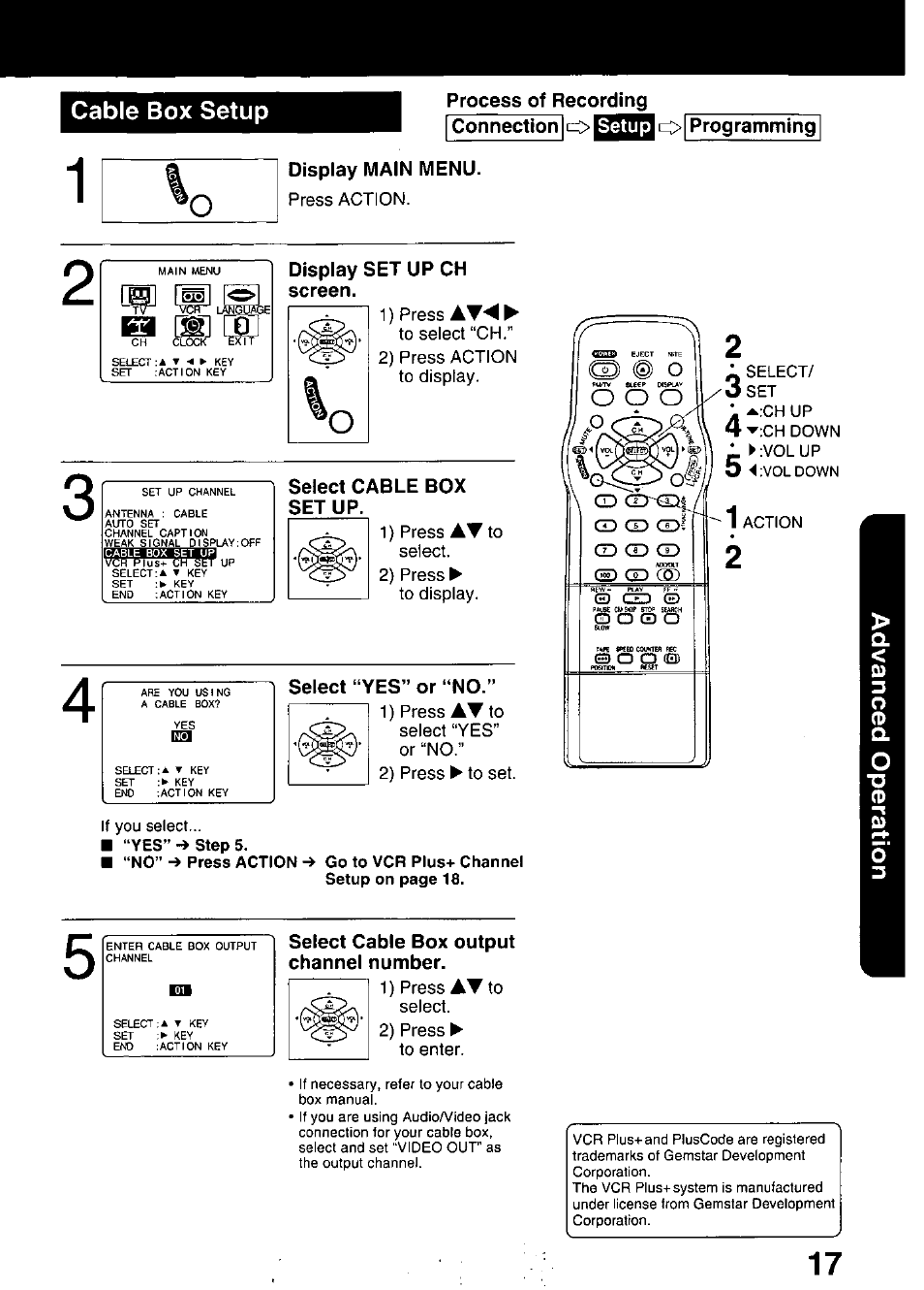 Cable box setup, Process of recording, Display main menu | Display set up ch screen, Select cable box setup, Select “yes” or “no, Select cable box output channel number | Panasonic PV C2020 User Manual | Page 17 / 52