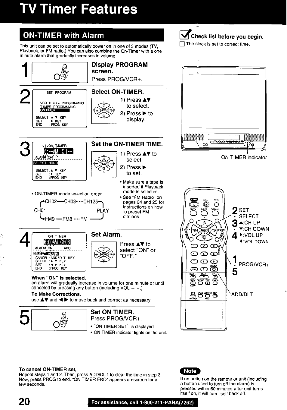On-timer with alarm, Display program screen, Select on-timer | Set the on-timer time, Set alarm, I^^check list before you begin, Tv timer features, 6;-am ch | Panasonic PV C2020 User Manual | Page 20 / 52