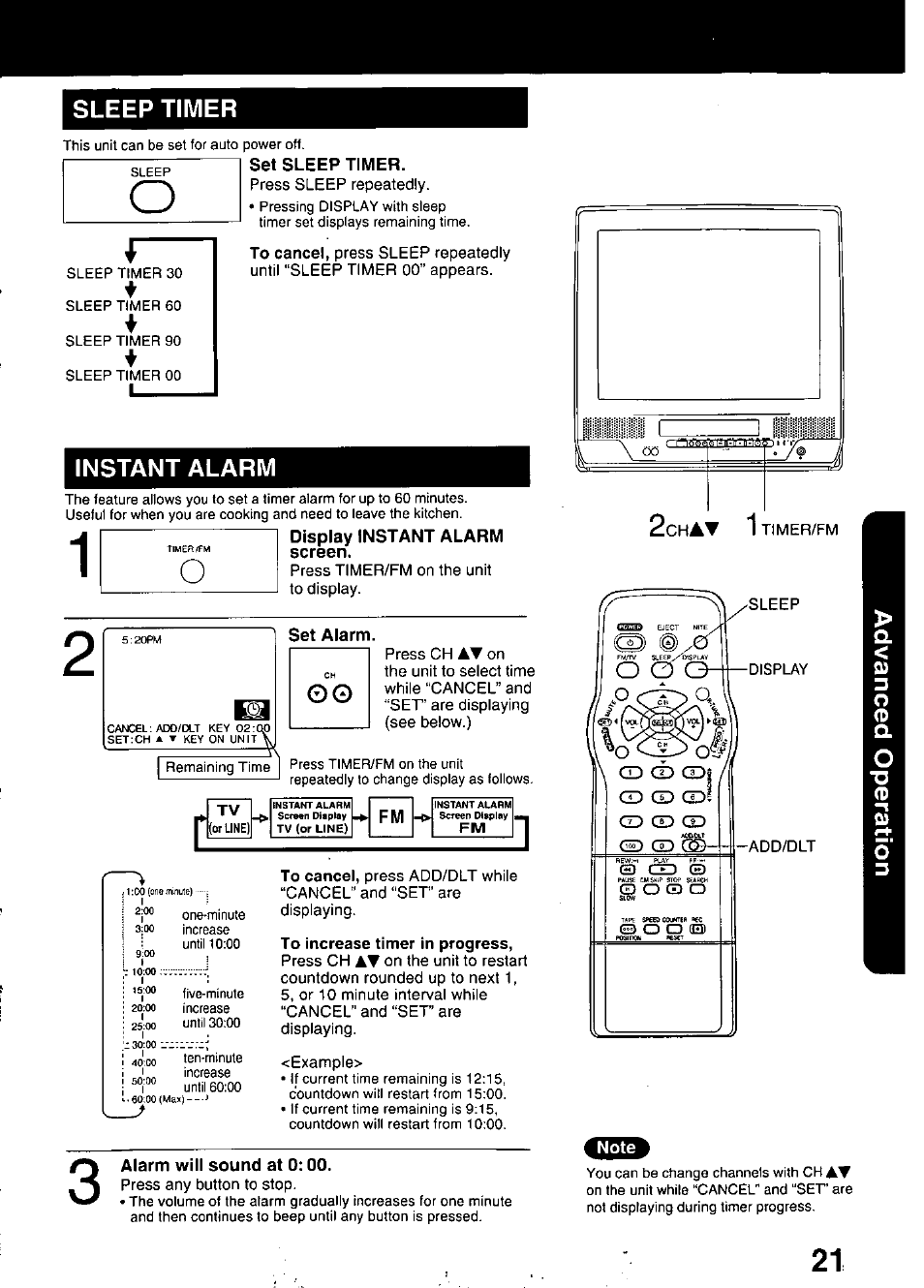 Sleep timer, Set sleep timer, Instant alarm | Alarm will sound at 0:00 | Panasonic PV C2020 User Manual | Page 21 / 52