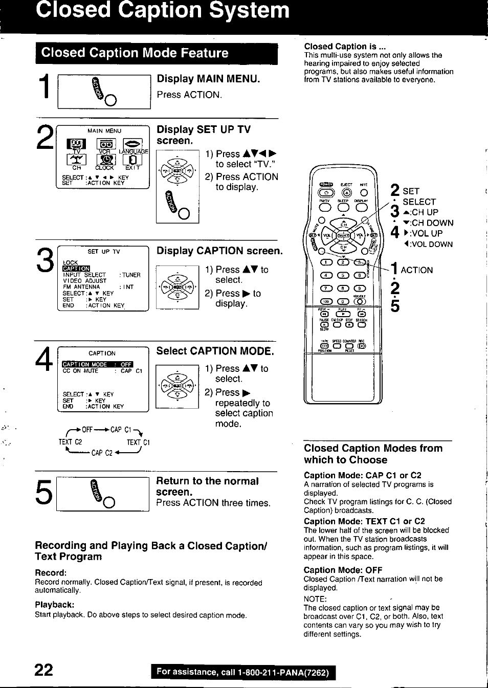 Closed caption mode feature, Display set up tv screen, Display caption screen | Select caption mode, Return to the normal screen, Closed caption modes from which to choose, Closed caption mode feature.22, Losed caption system | Panasonic PV C2020 User Manual | Page 22 / 52
