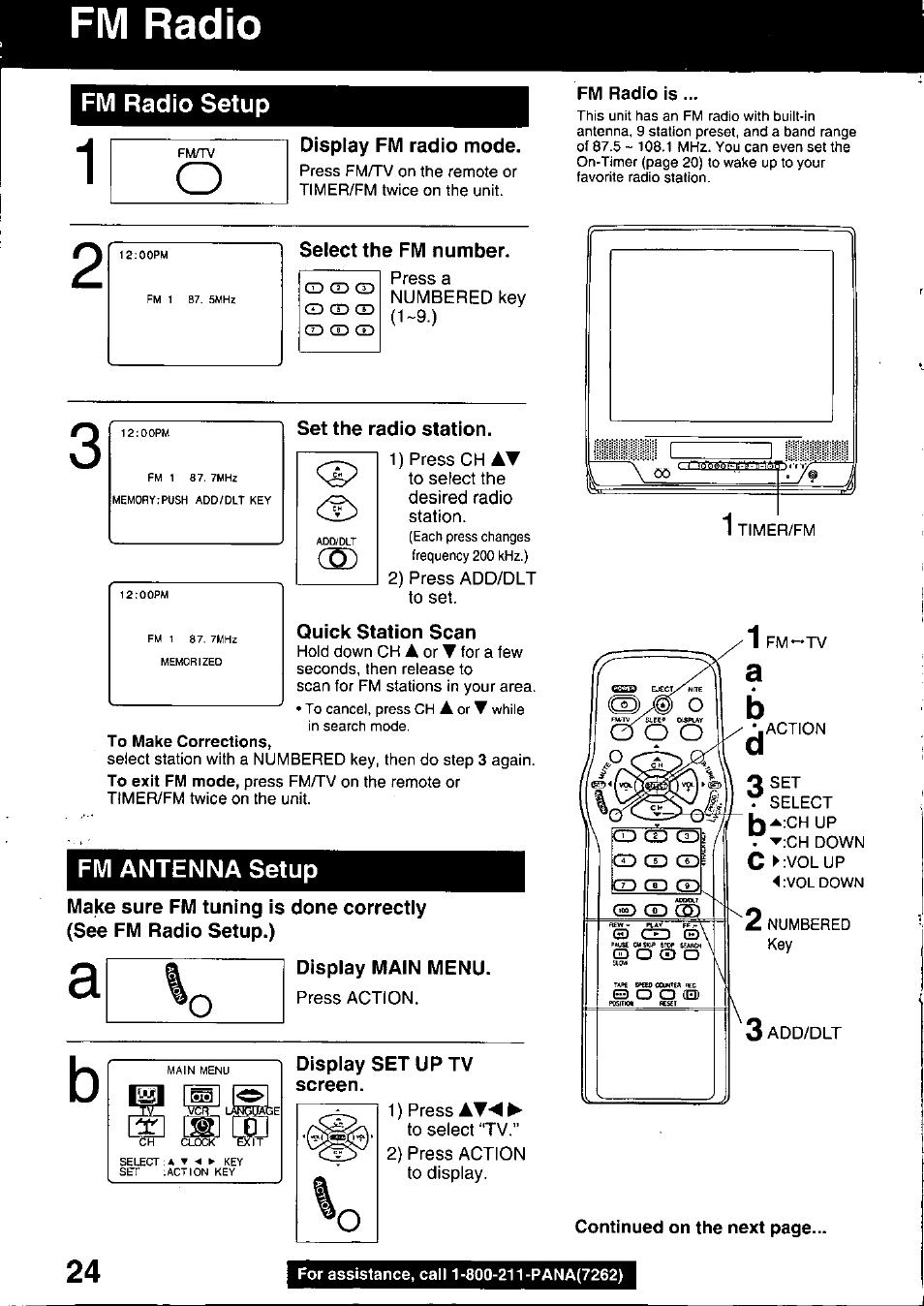 Fm radio setup, Display fm radio mode, Set the radio station | Quick station scan, Fm antenna setup, Display set up tv screen, Fm radio is, Fm radio | Panasonic PV C2020 User Manual | Page 24 / 52