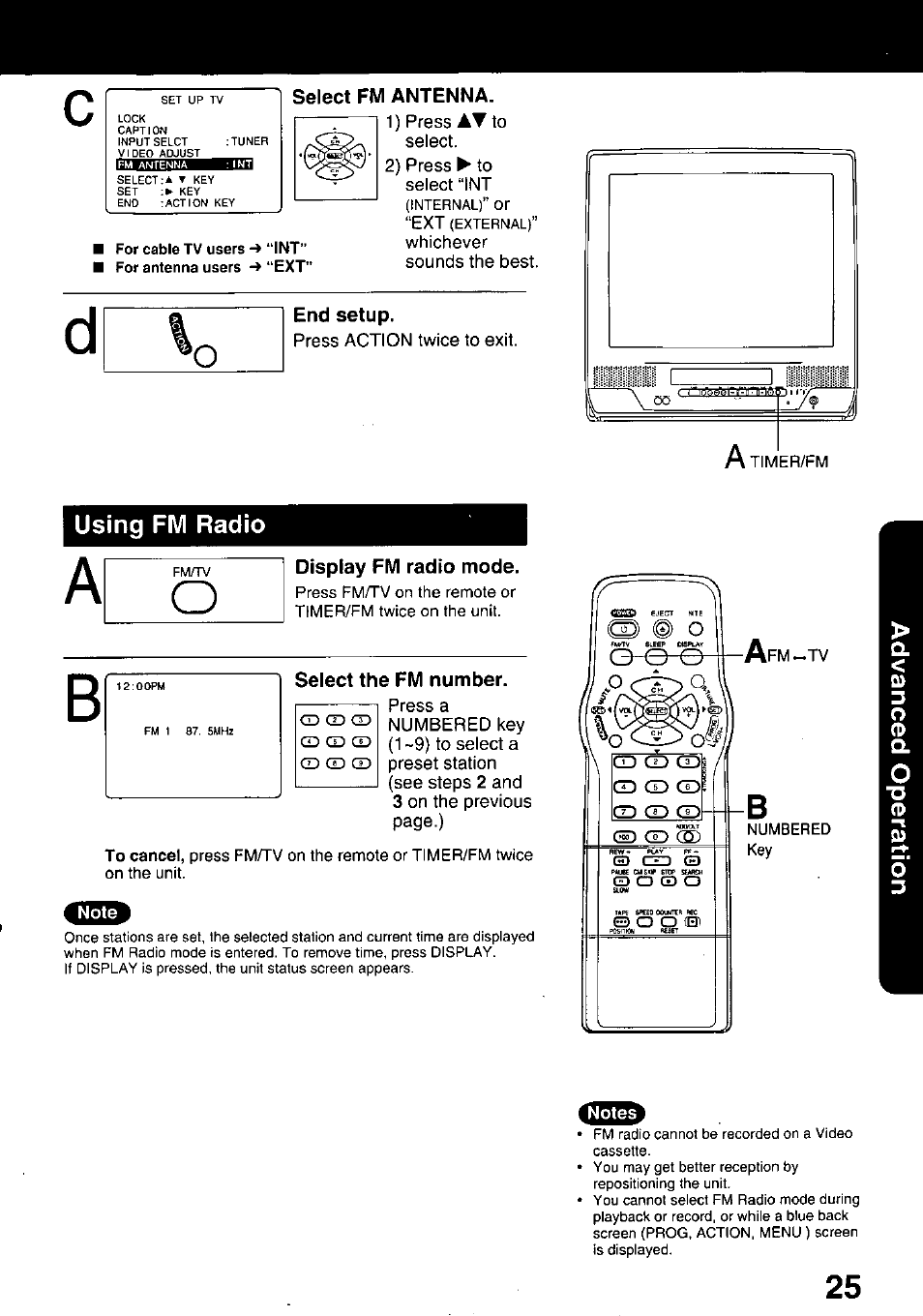 Select fm antenna, End setup, Using fm radio | Display fm radio mode, Select the fm number | Panasonic PV C2020 User Manual | Page 25 / 52