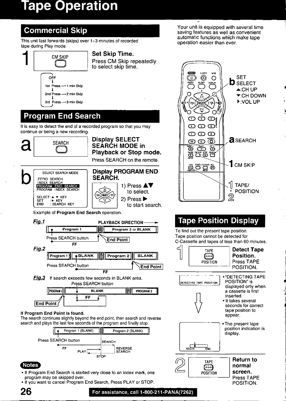 Commercial skip, I i i set skip time, Program end search | Display select, Search mode in playback or stop mode, Display program end search, Tape position display, Detect tape position, Return to, I i i | Panasonic PV C2020 User Manual | Page 26 / 52