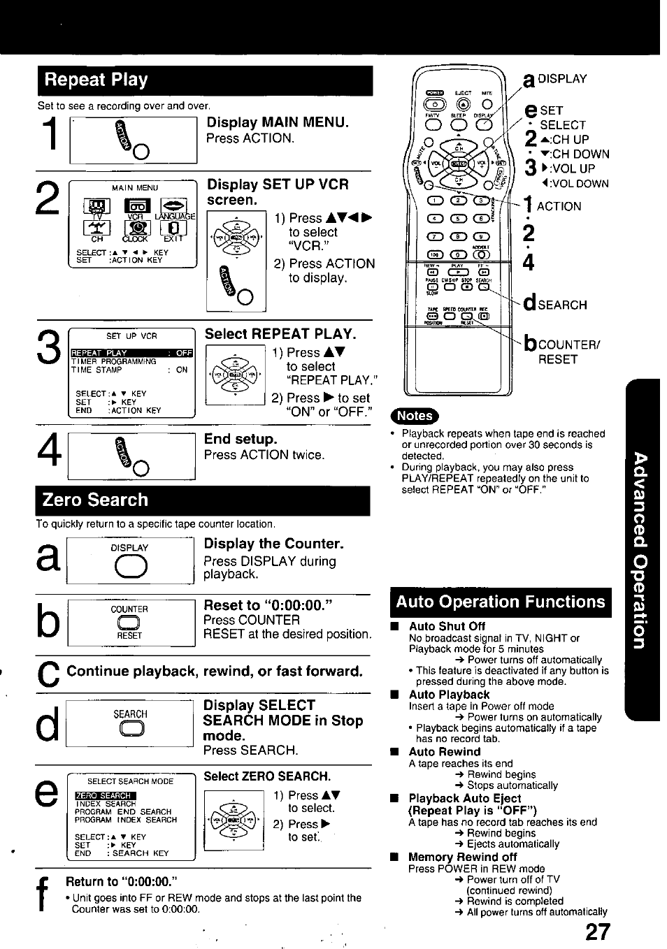 Repeat play, Display main menu, Display set up vcr screen | End setup, Zero search, Display the counter, Reset to “0:00:00, Continue playback, rewind, or fast forward, Display select search mode in stop mode, Select zero search | Panasonic PV C2020 User Manual | Page 27 / 52
