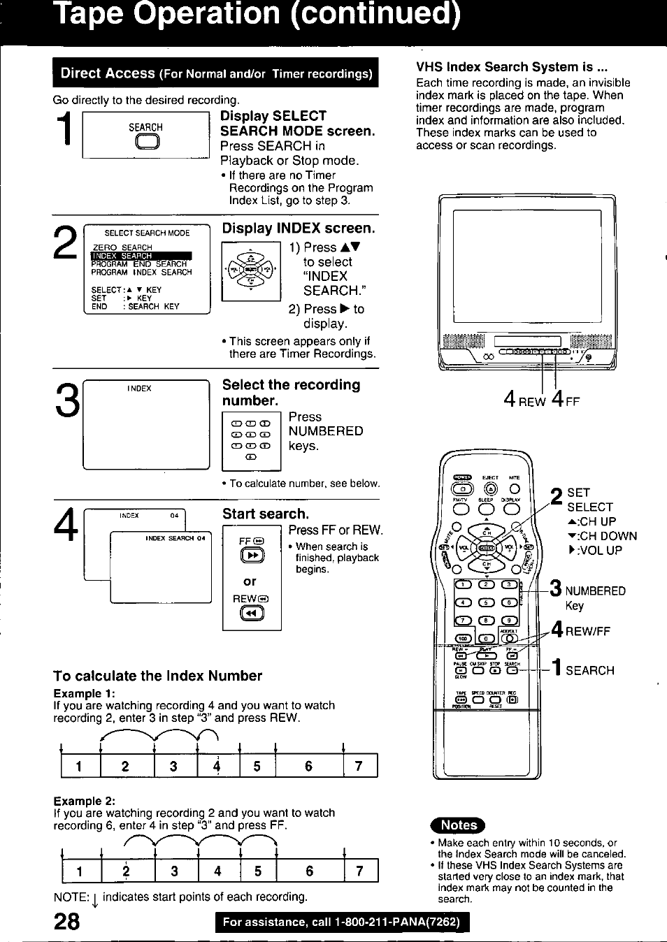 Display select, Search mode screen, Display index screen | Select the recording number, Start search, To calculate the index number, Tape operation (continued) | Panasonic PV C2020 User Manual | Page 28 / 52