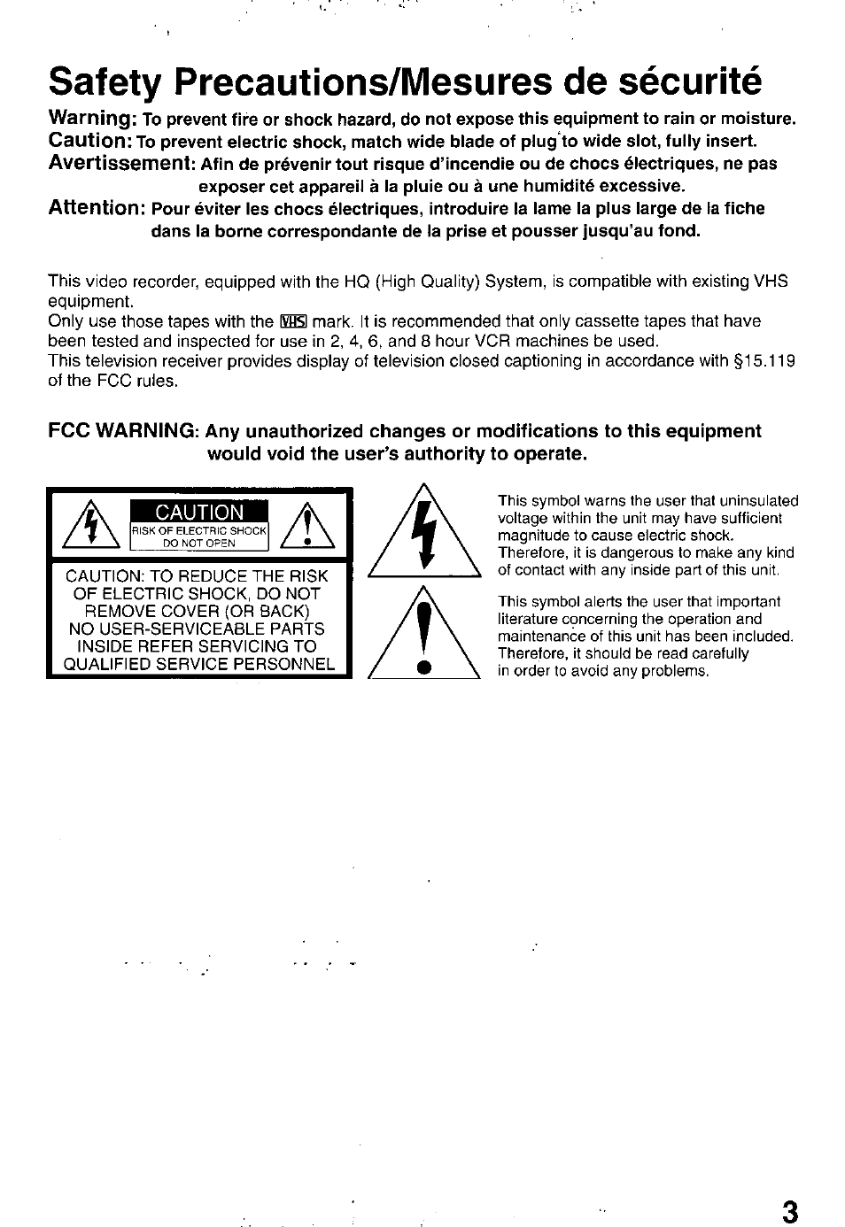 Safety precautions/mesures de sécurité, Caution | Panasonic PV C2020 User Manual | Page 3 / 52