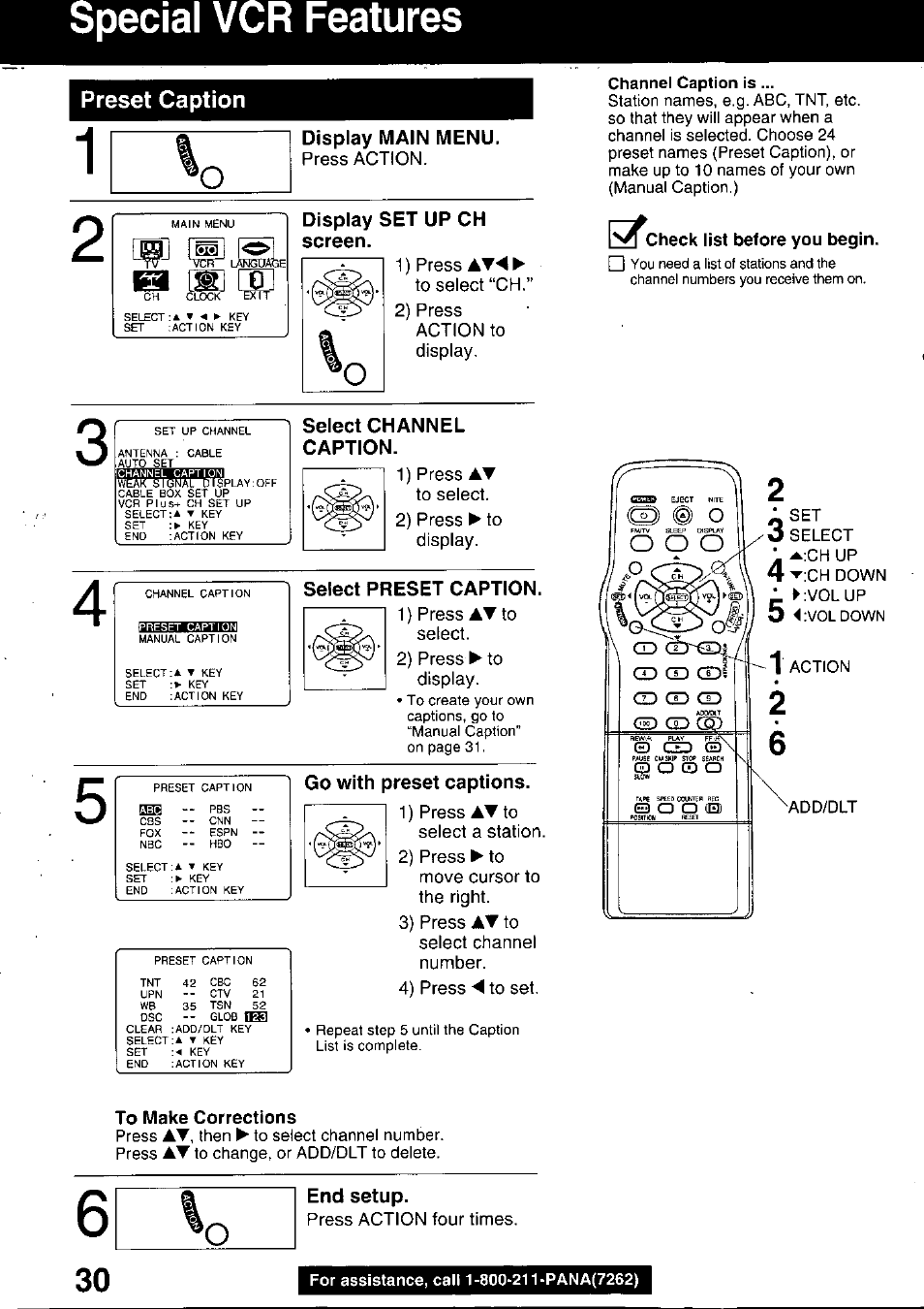 Display set up ch screen, Select channel caption, Select preset caption | Go with preset captions, Check list before you begin, To make corrections, End setup, Special vcr features, 30 'o, Preset caption | Panasonic PV C2020 User Manual | Page 30 / 52