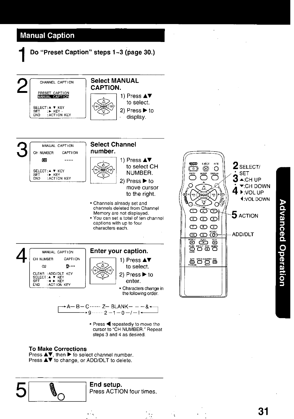 Manual caption, Select manual caption, Select channel number | Enter your caption, To make corrections, End setup | Panasonic PV C2020 User Manual | Page 31 / 52