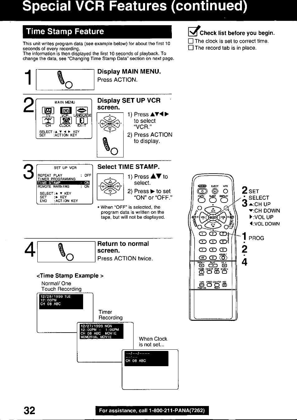 Time stamp feature, Display main menu, Display set up vcr screen | Select timestamp, Return to normal screen, Time stamp example, I^^check list before you begin, Special vcr features (continued) | Panasonic PV C2020 User Manual | Page 32 / 52