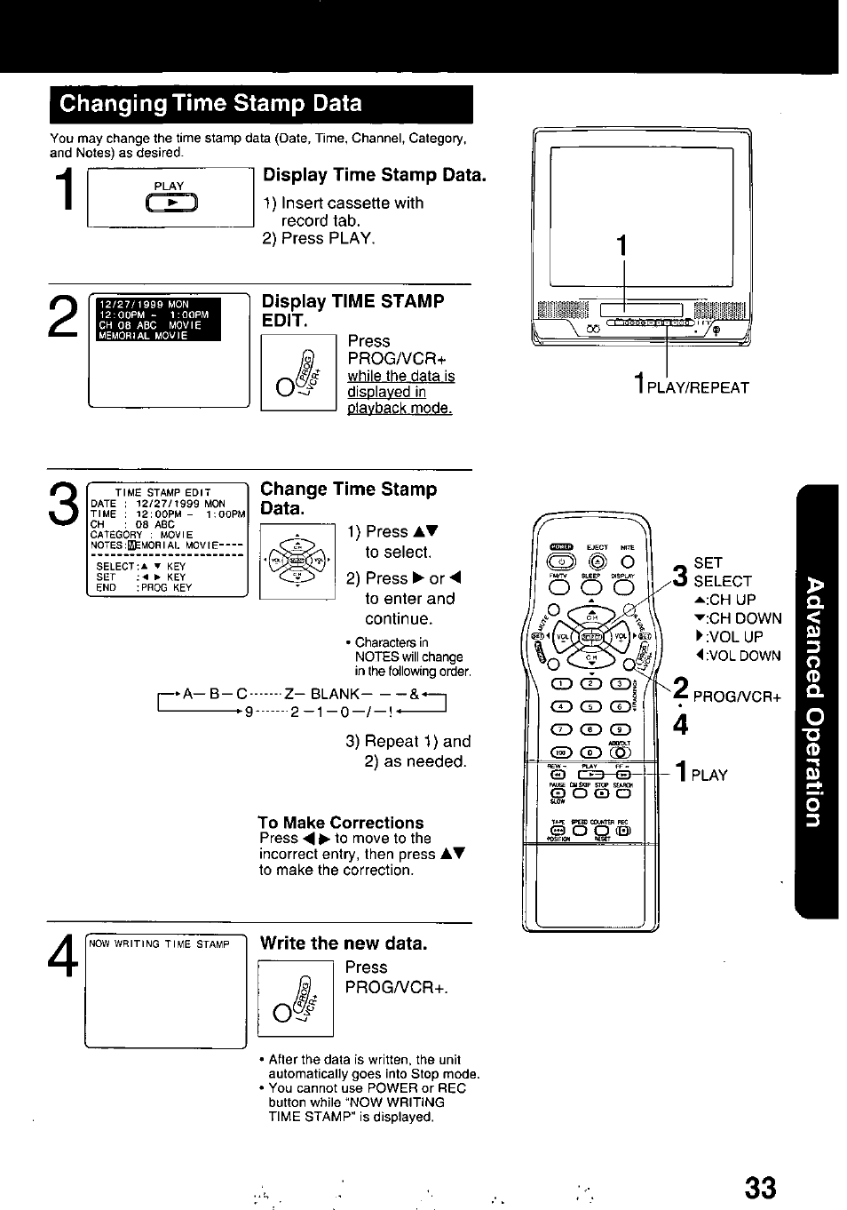 Changing time stamp data, Display time stamp data, Display time stamp edit | Change time stamp data, To make corrections, Write the new data | Panasonic PV C2020 User Manual | Page 33 / 52