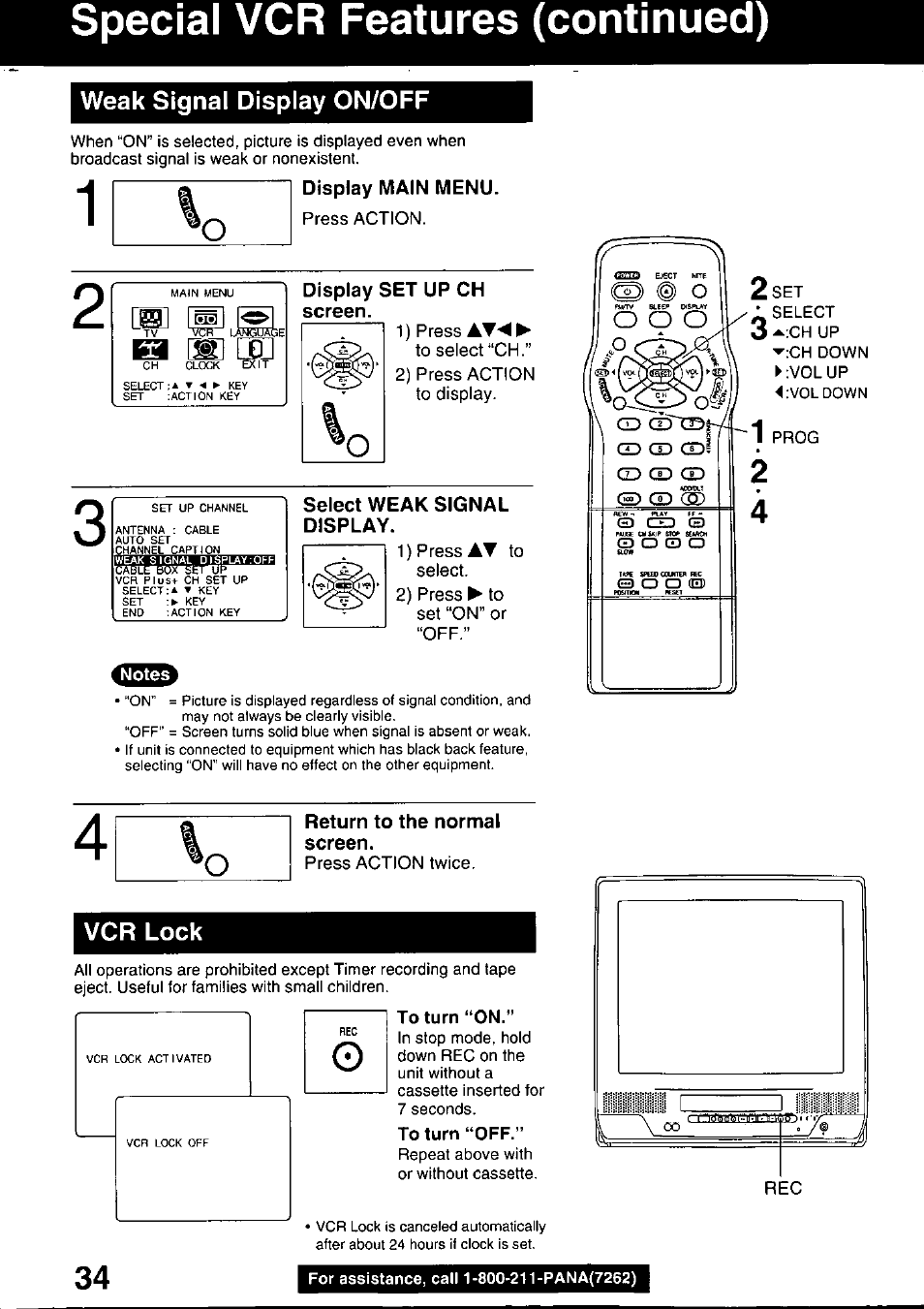 Weak signal display on/off, Display set up ch screen, Select weak signal display | Return to the normal screen, Vcr lock, To turn “on, Special vcr features (continued | Panasonic PV C2020 User Manual | Page 34 / 52